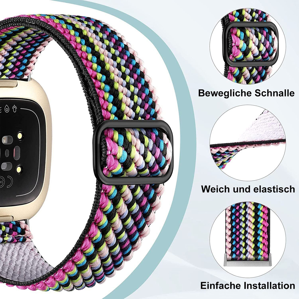 Ein mehrfarbiges Smartwatch-Armband mit schwarzer Schnalle und Details des Armbands.
