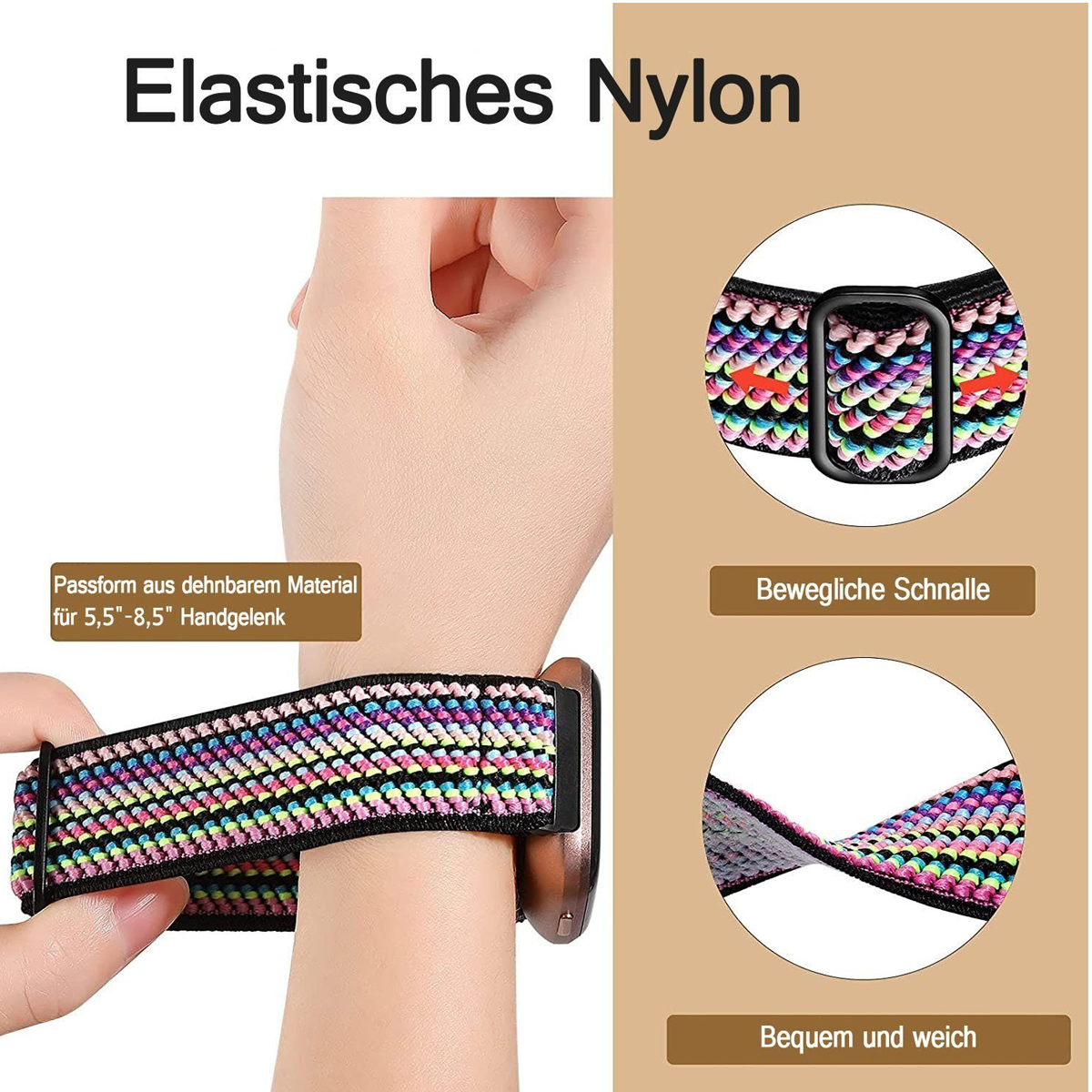 Handgelenk mit elastischem Nylon-Armband. Nahaufnahmen des Banddesigns werden gezeigt.