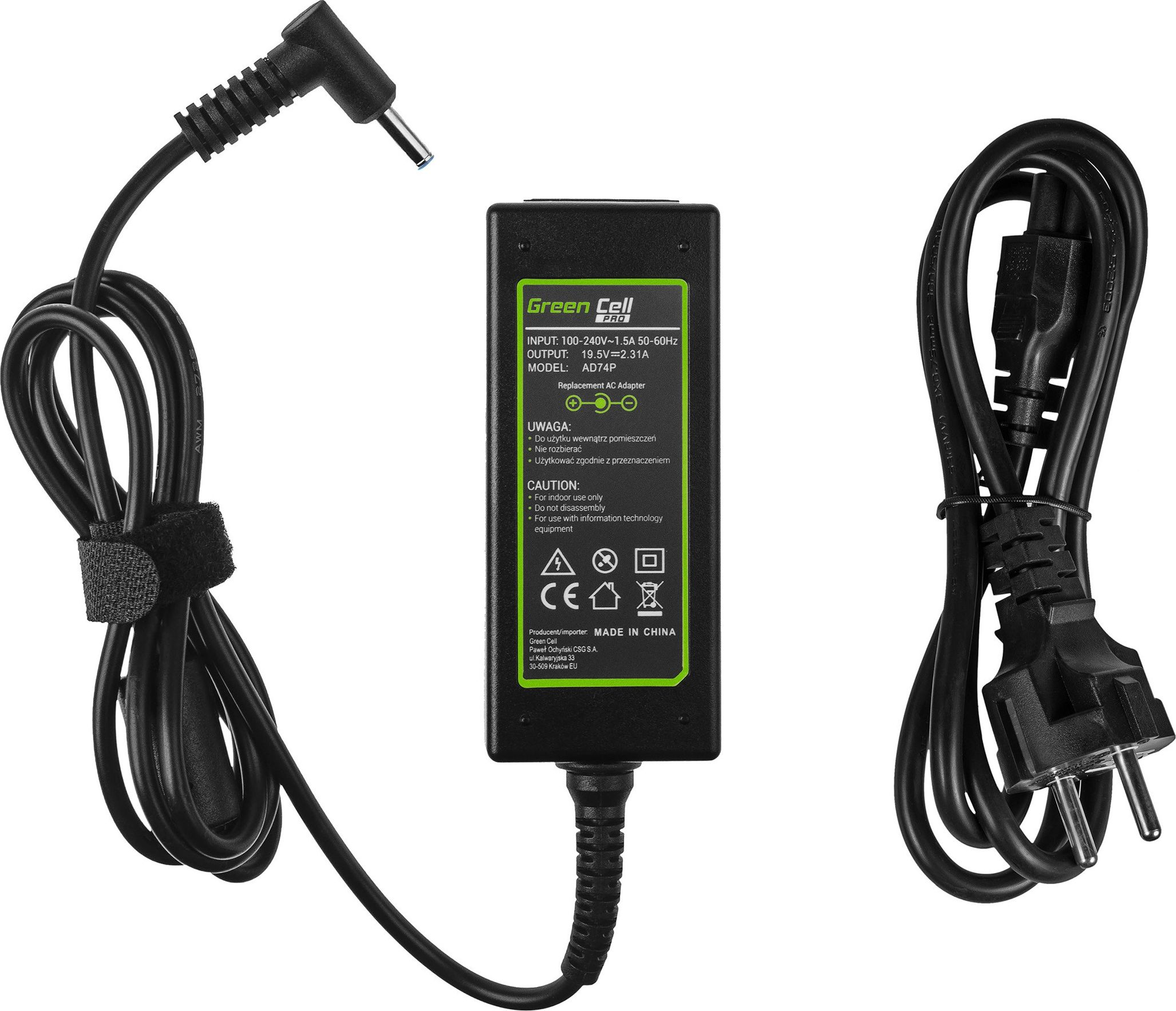 Adattatore CA Green Cell, con due cavi di alimentazione e una cinghia in velcro nera.
