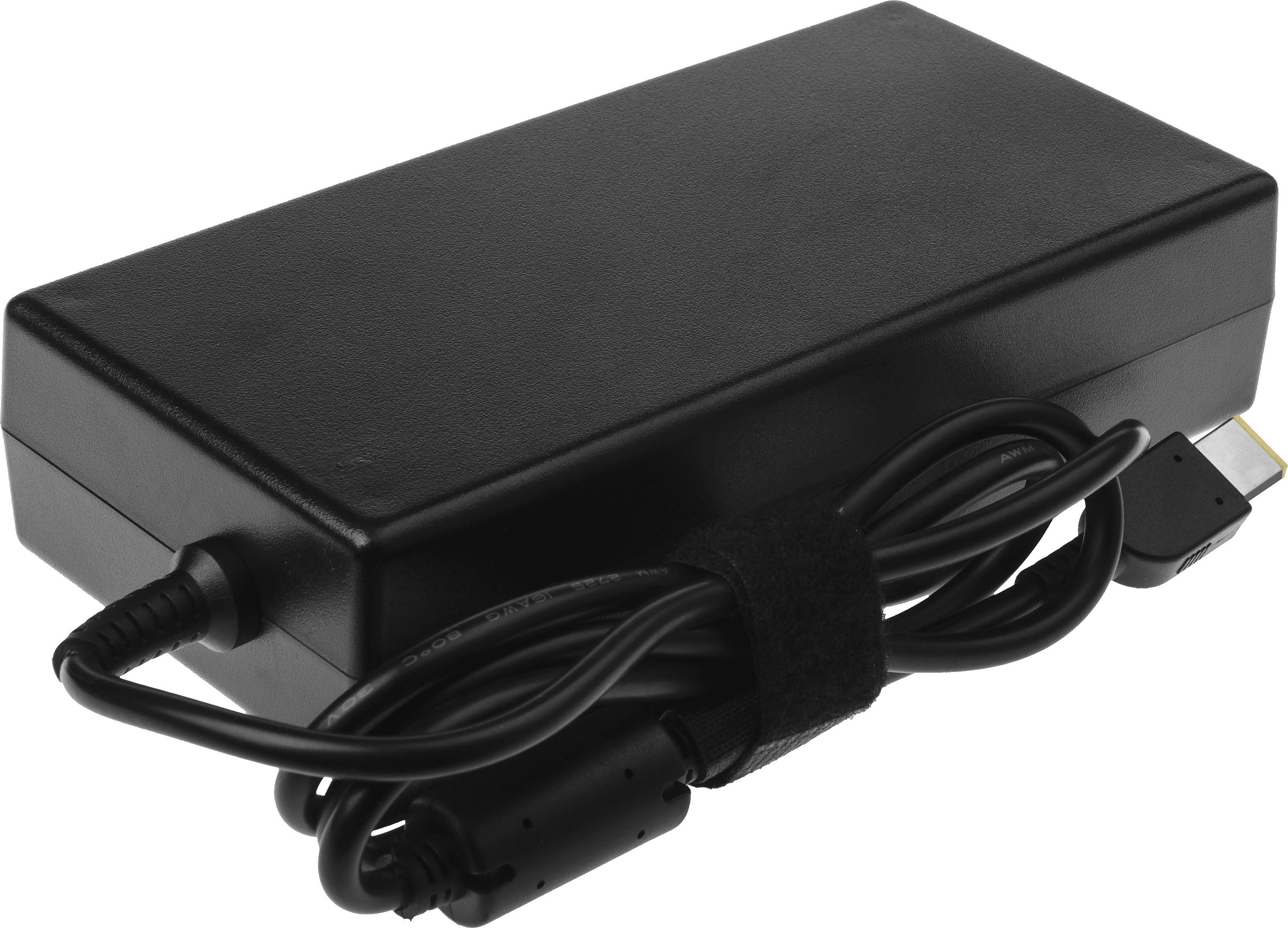 Un adattatore di alimentazione per laptop nero con cavo e cinturino in velcro.