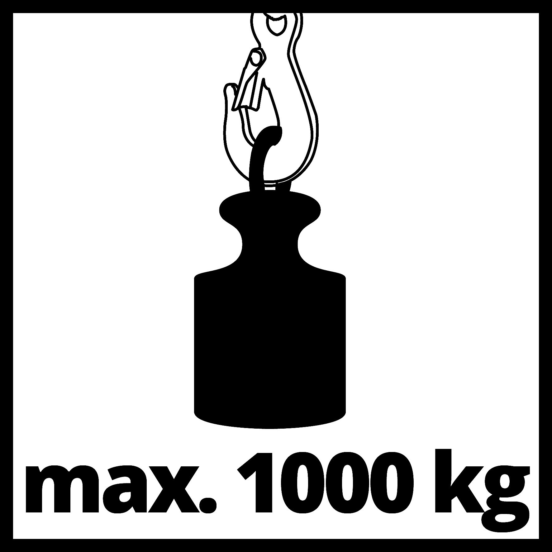 Schwarz-weiß-Grafik eines Hakens, der ein Gewicht hält, mit der Aufschrift 'max. 1000 kg'.