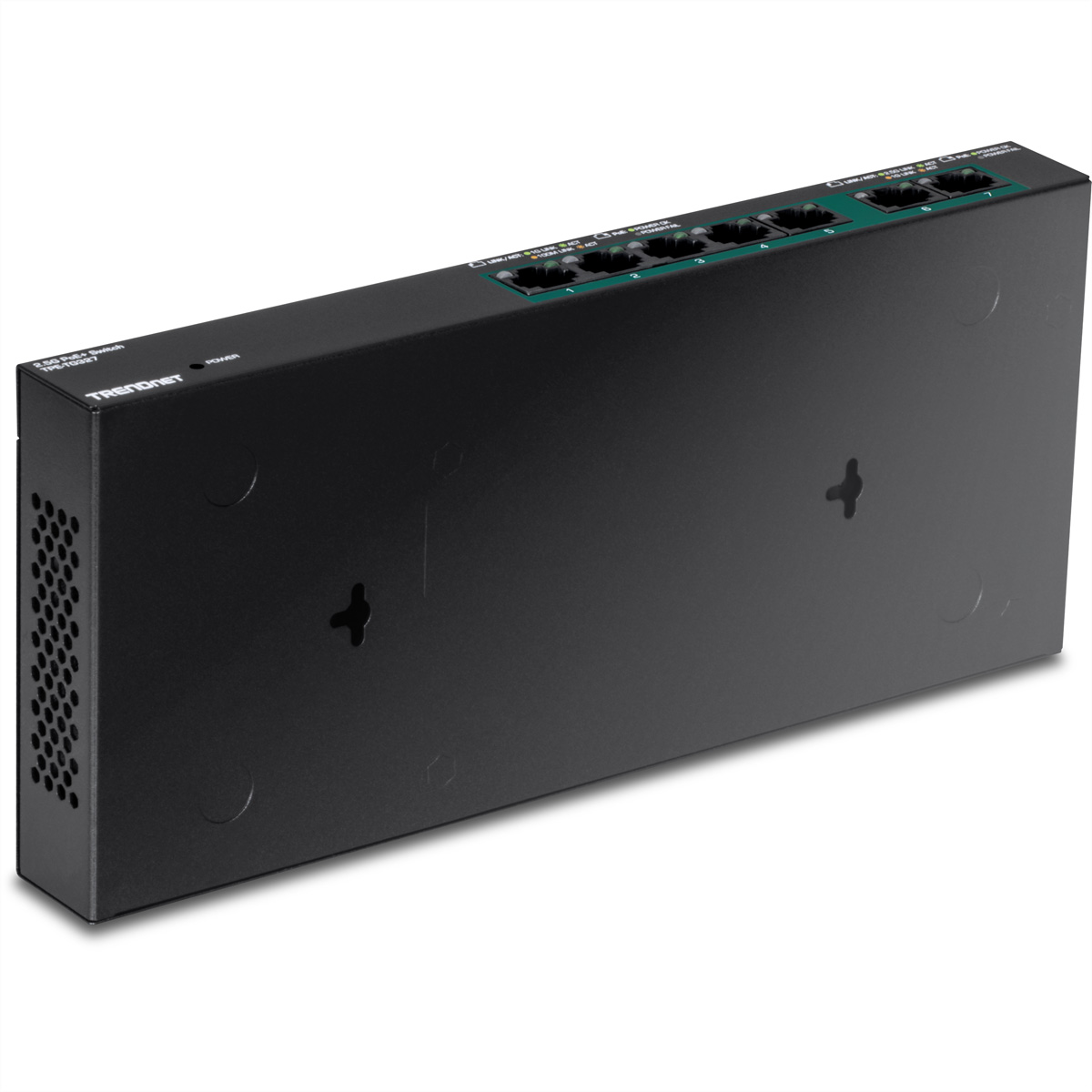 Un switch réseau TRENDnet noir avec sept ports verts sur fond blanc.