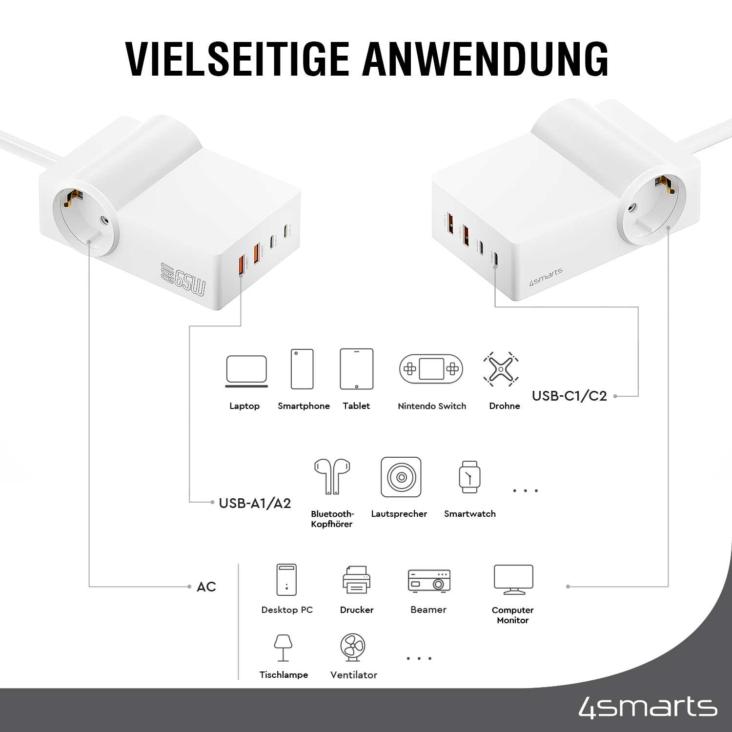 100-240 AC Desk GaN Volt, Steckdosenleiste 4SMARTS Schalter Universal, Weiß mit