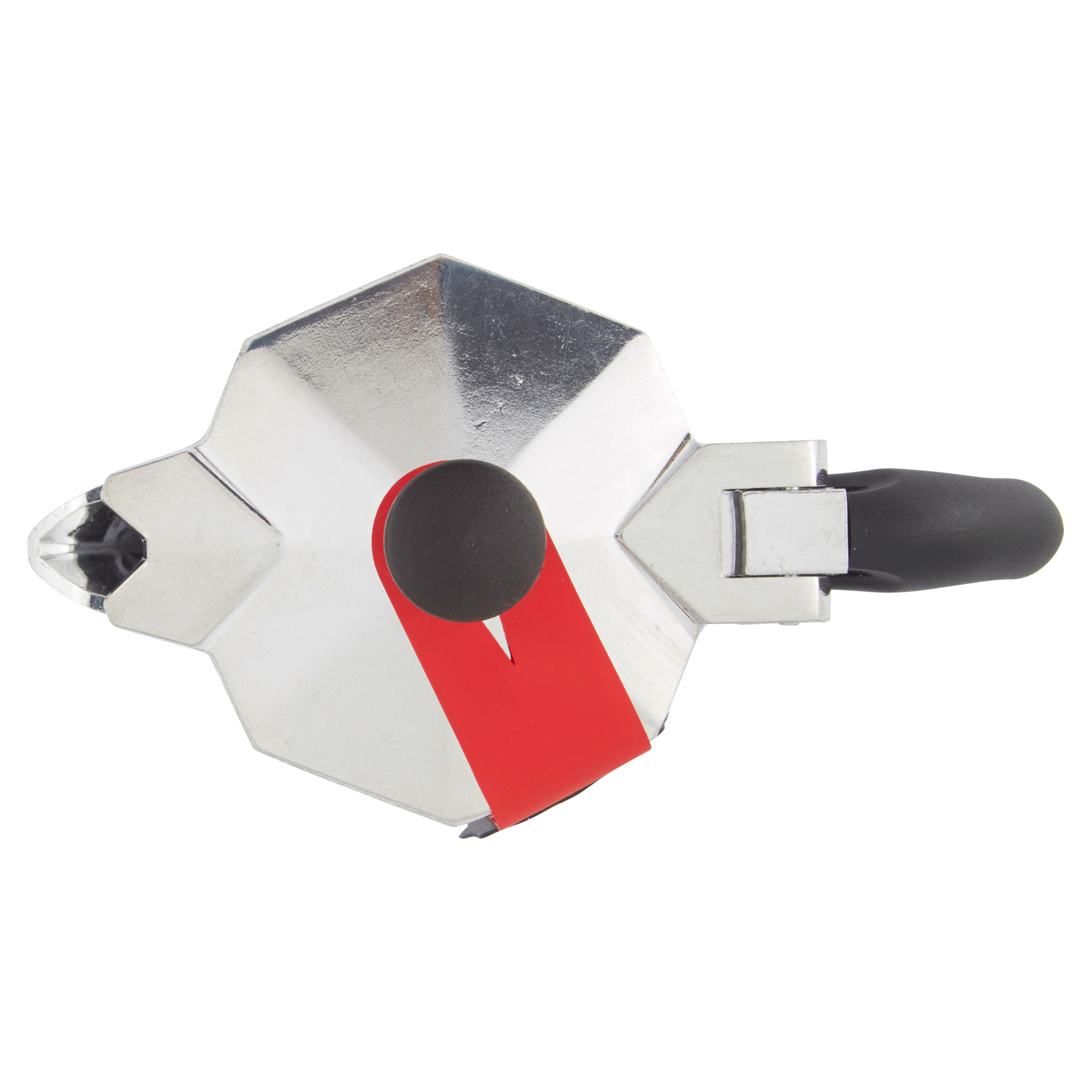 Widok z góry na srebrny ekspres do kawy z czarnym uchwytem i czerwonym paskiem.