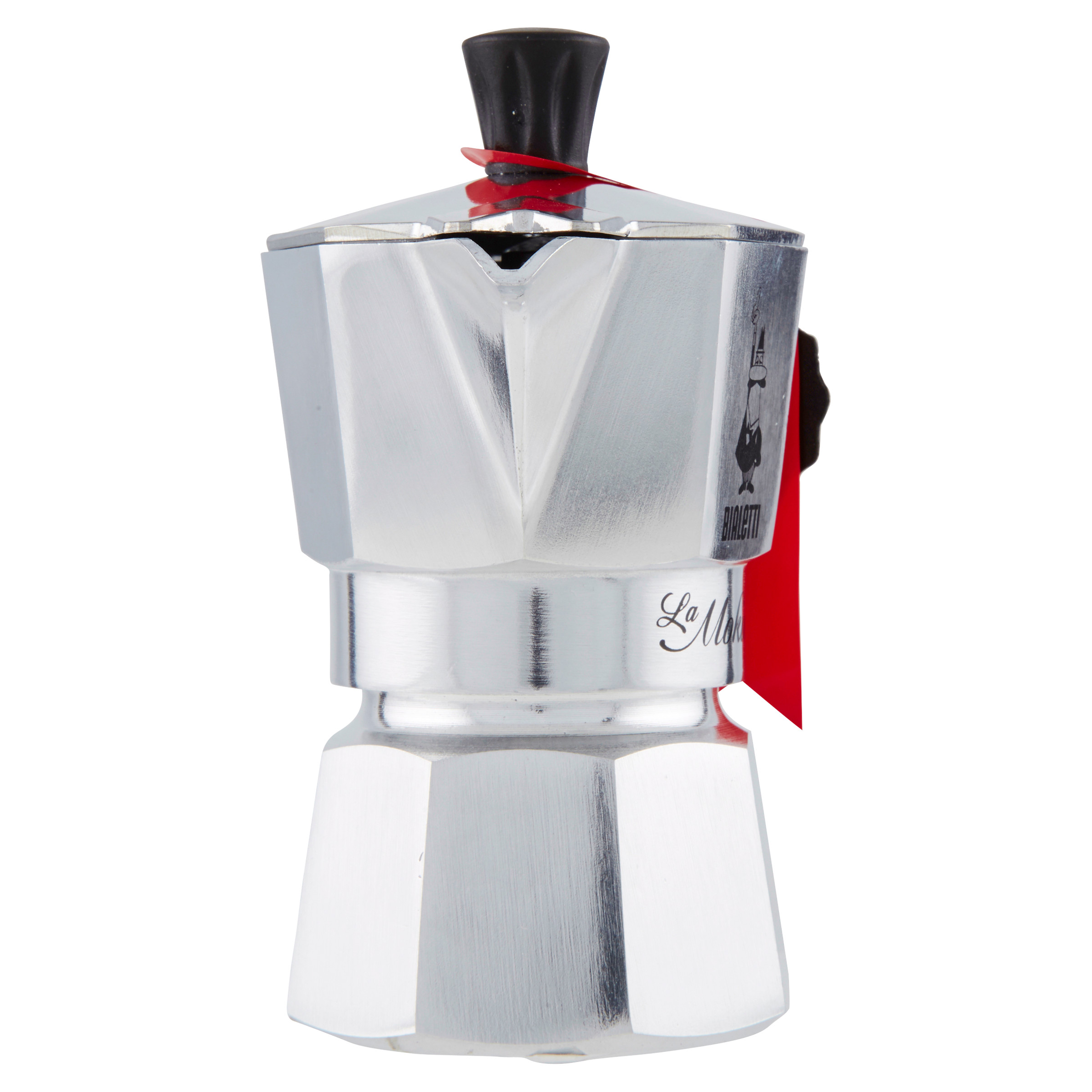 Srebrny ekspres do kawy Bialetti Moka z czerwoną wstążką i czarnym uchwytem.