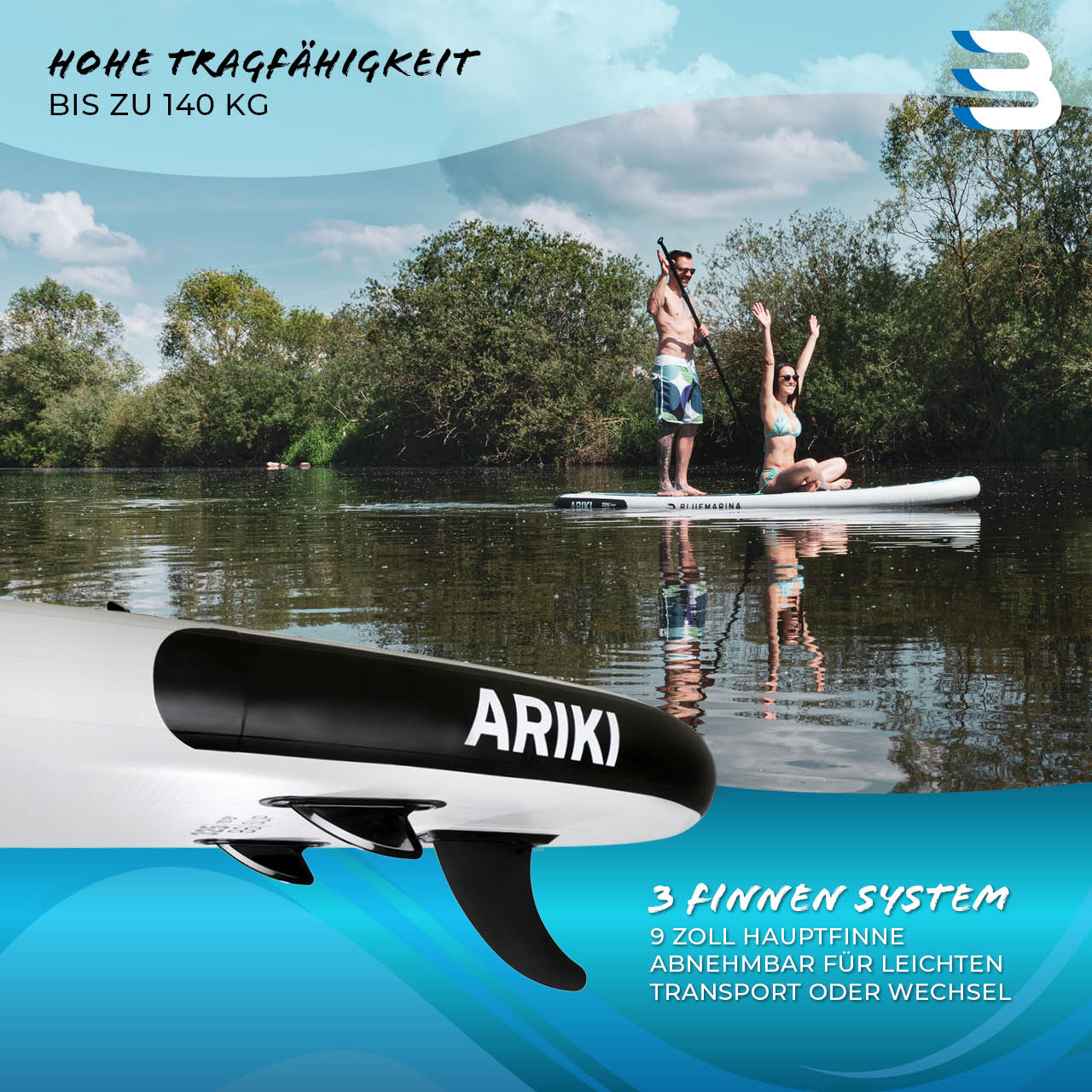 Ariki Paddle, BLUEMARINA Board SUP Stand blau Up schwarz 2022 weiß