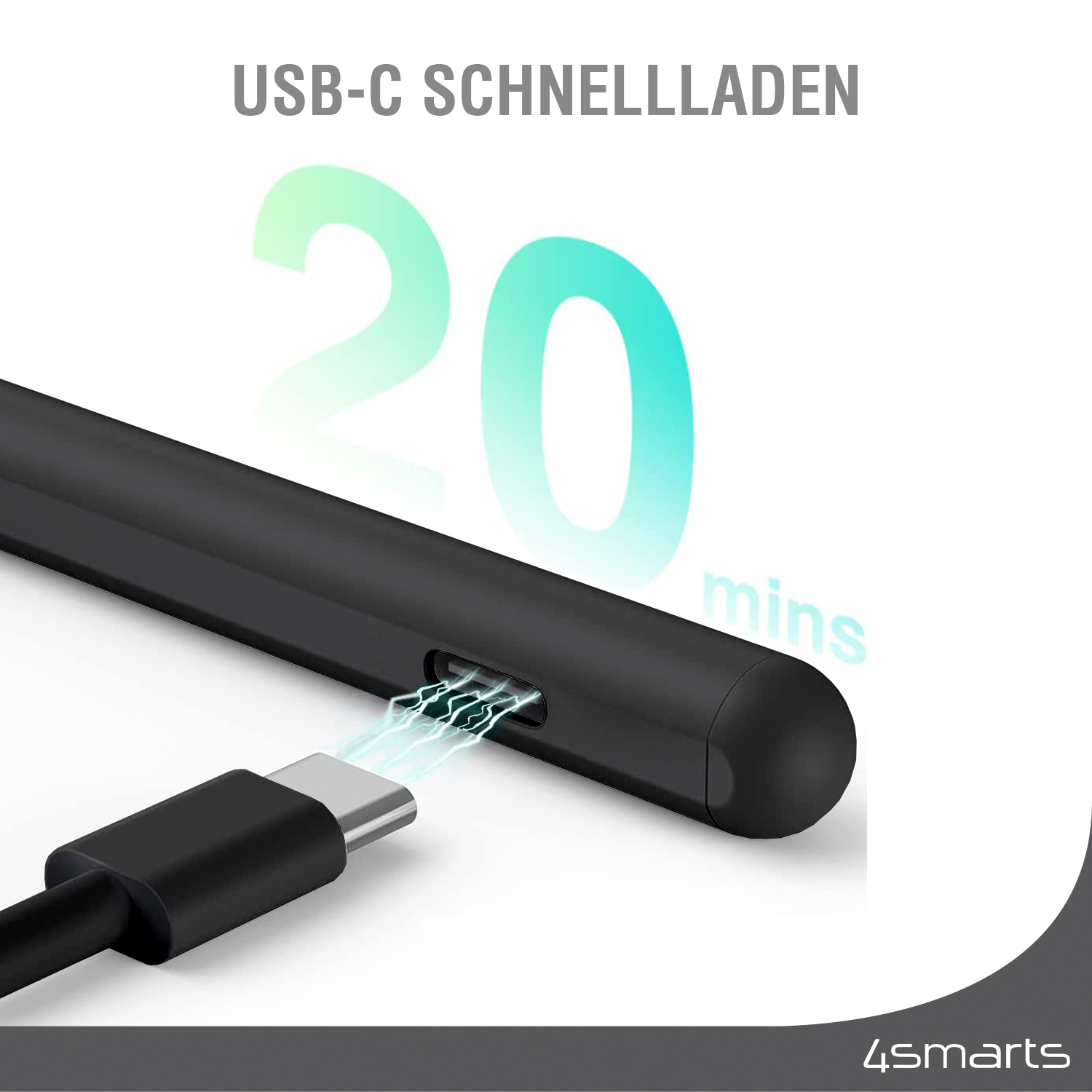 Ein schwarzer Stift lädt, verbunden mit einem USB-C-Kabel, mit 20-Minuten-Ladezeit-Anzeige.