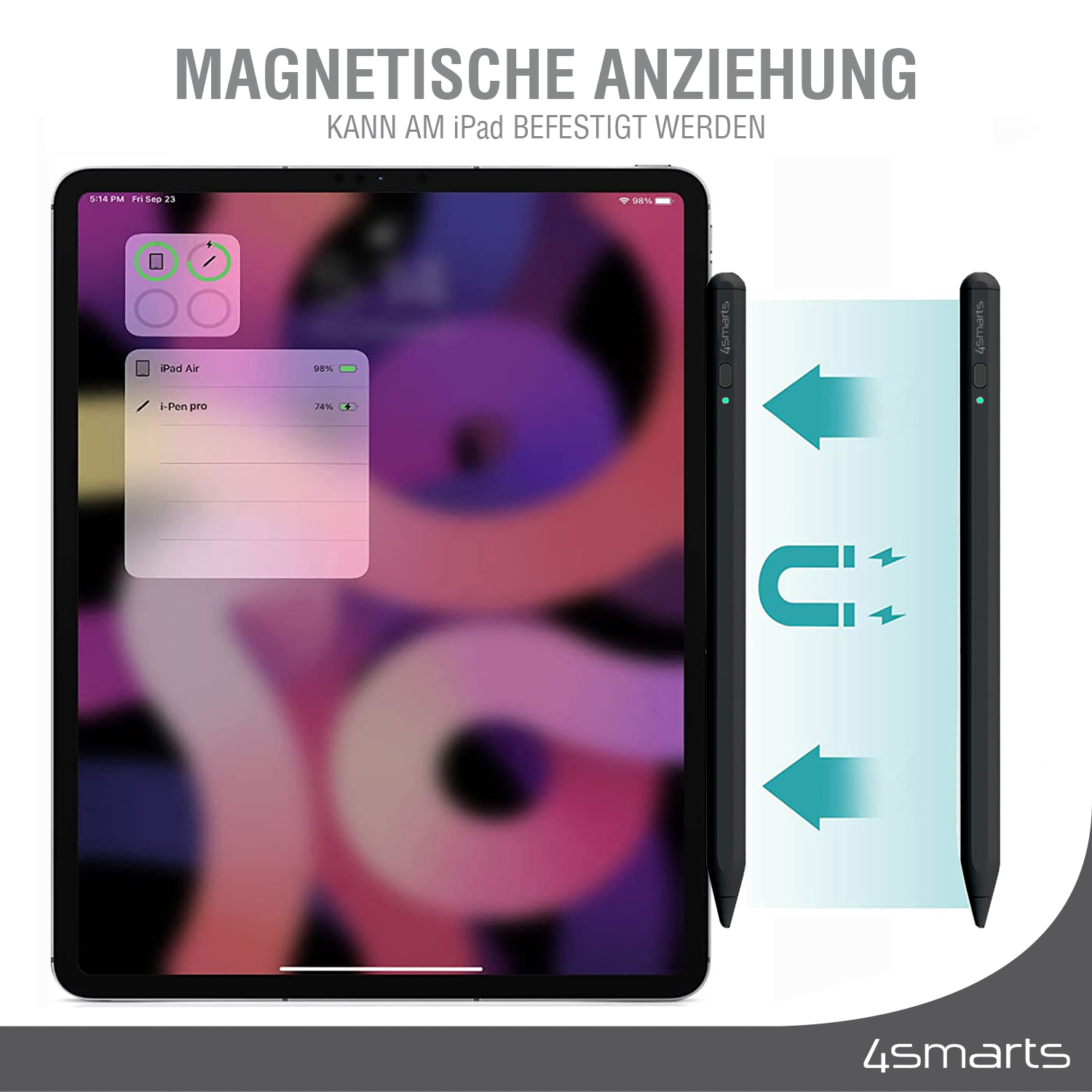 iPad und zwei Stifte mit Magnetanziehungsdiagramm.