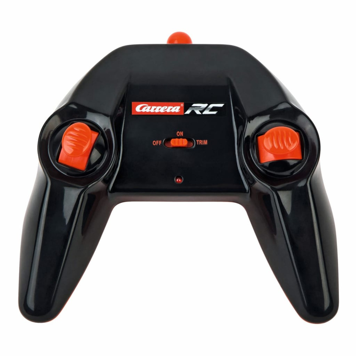Schwarze Carrera RC Fernbedienung mit orangenen Knöpfen und Schalter für Ein/Aus und Trim.