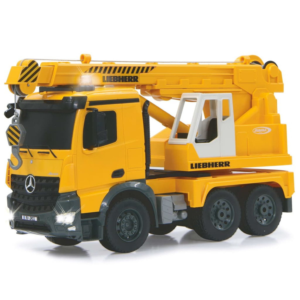 Ein gelber Spielzeug-LKW mit Kran, Lichtern und einem Liebherr-Logo.