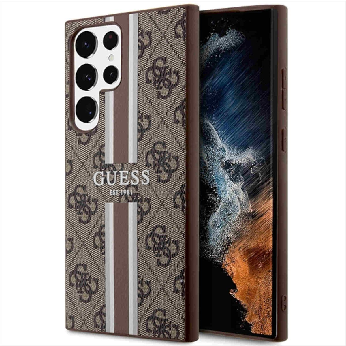 Backcover, GUESS 4G Hülle, Braun Printed Ultra, Galaxy Design Collection Stripe S23 Samsung,
