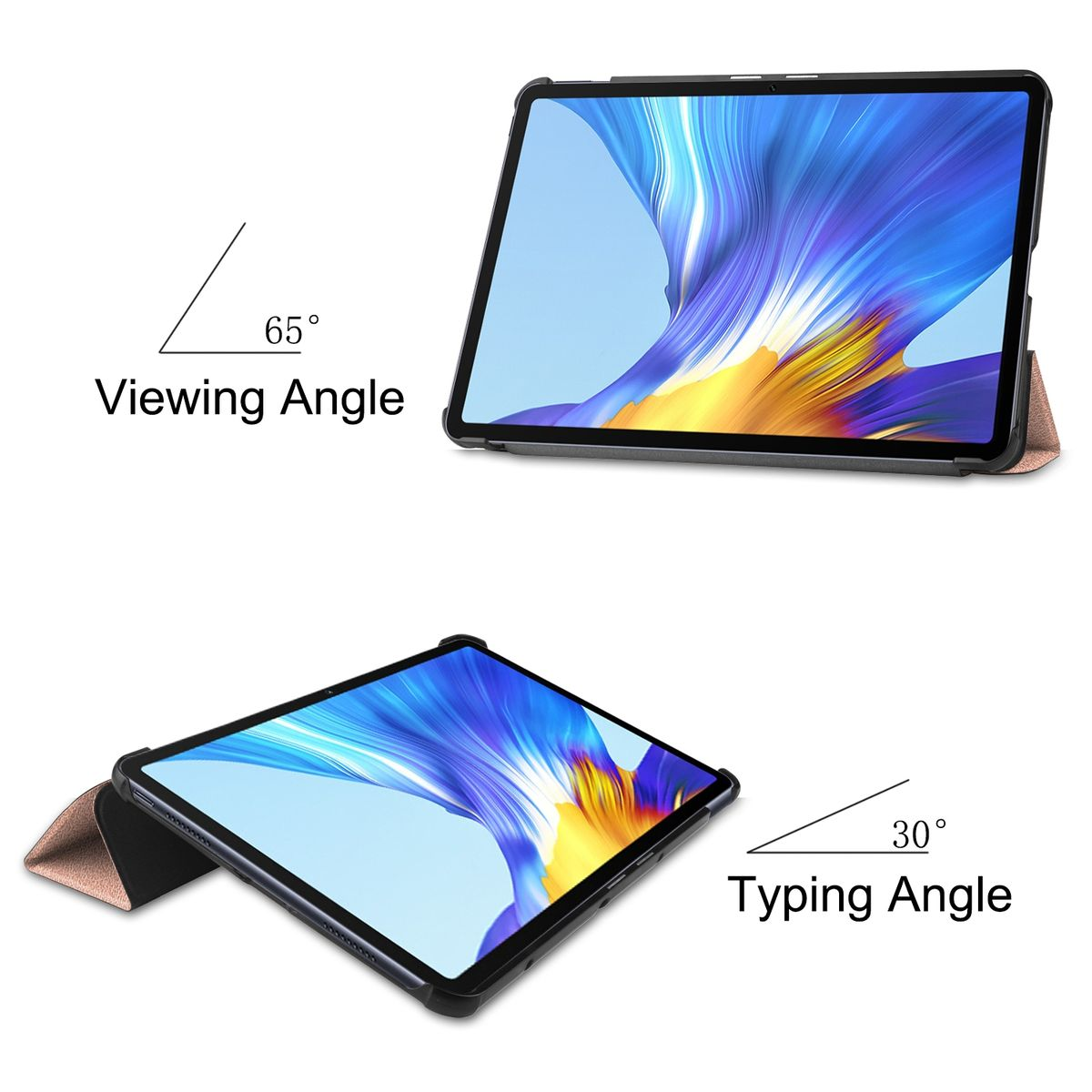 Zwei Tablets in verschiedenen Winkeln gezeigt. Eines mit 65-Grad-Betrachtungswinkel und eines mit 30-Grad-Tippwinkel.