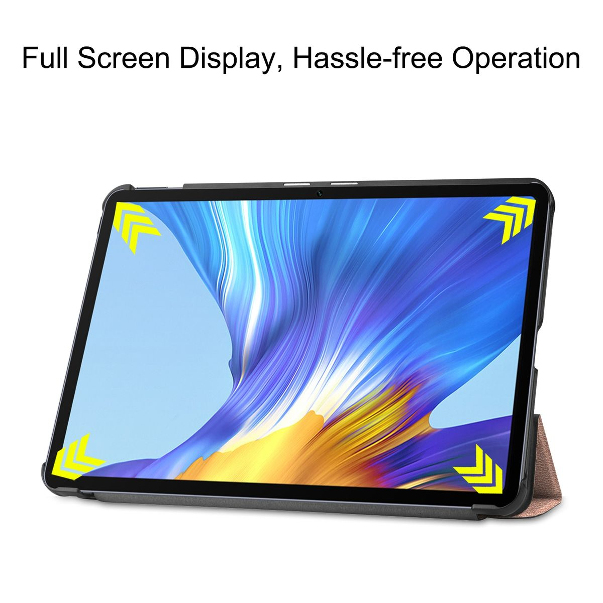 Tablet mit Hülle, Vollbildanzeige. Tablet steht auf einem Ständer, mit gelben Pfeilen.