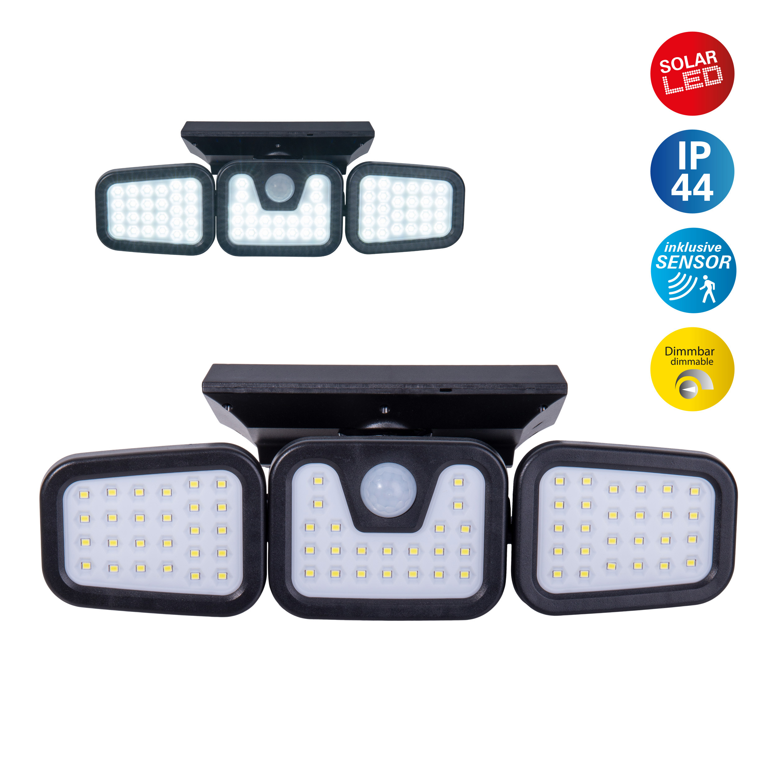 Solar-LED-Sicherheitsleuchten mit drei verstellbaren Paneelen. Inklusive Sensor und Dimmfunktion.