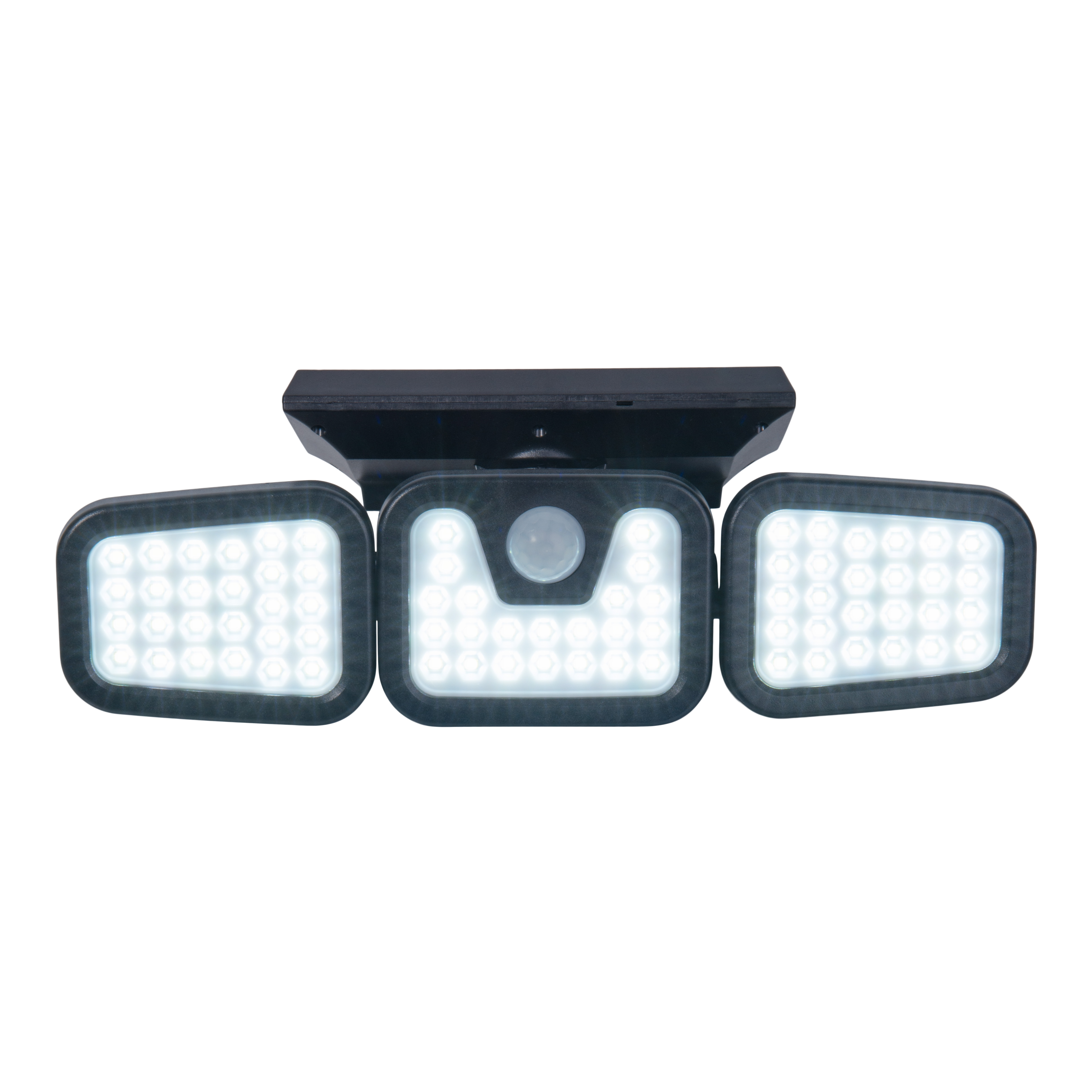 Ein solarbetriebener Flutlichtstrahler mit drei verstellbaren Lichtpaneelen.