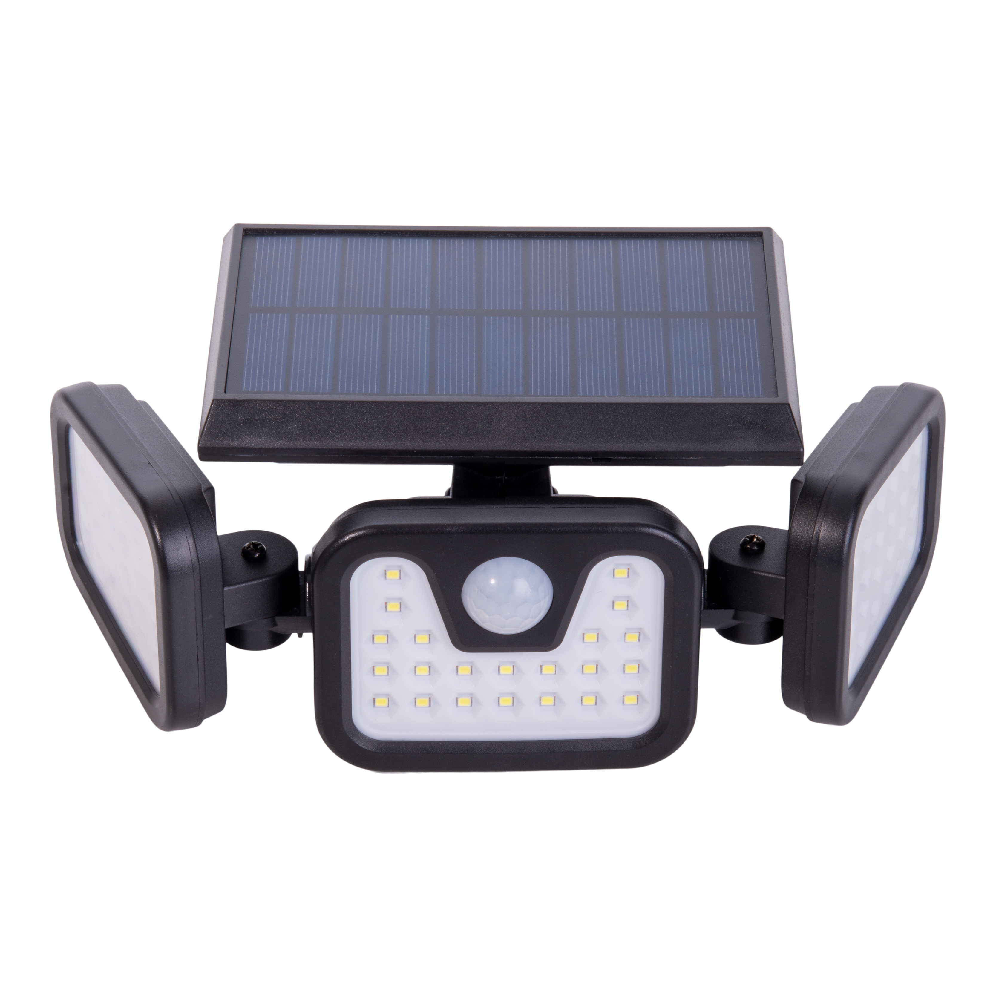 Schwarzer solarbetriebener Flutlichtstrahler mit LED-Leuchten und Bewegungssensor.