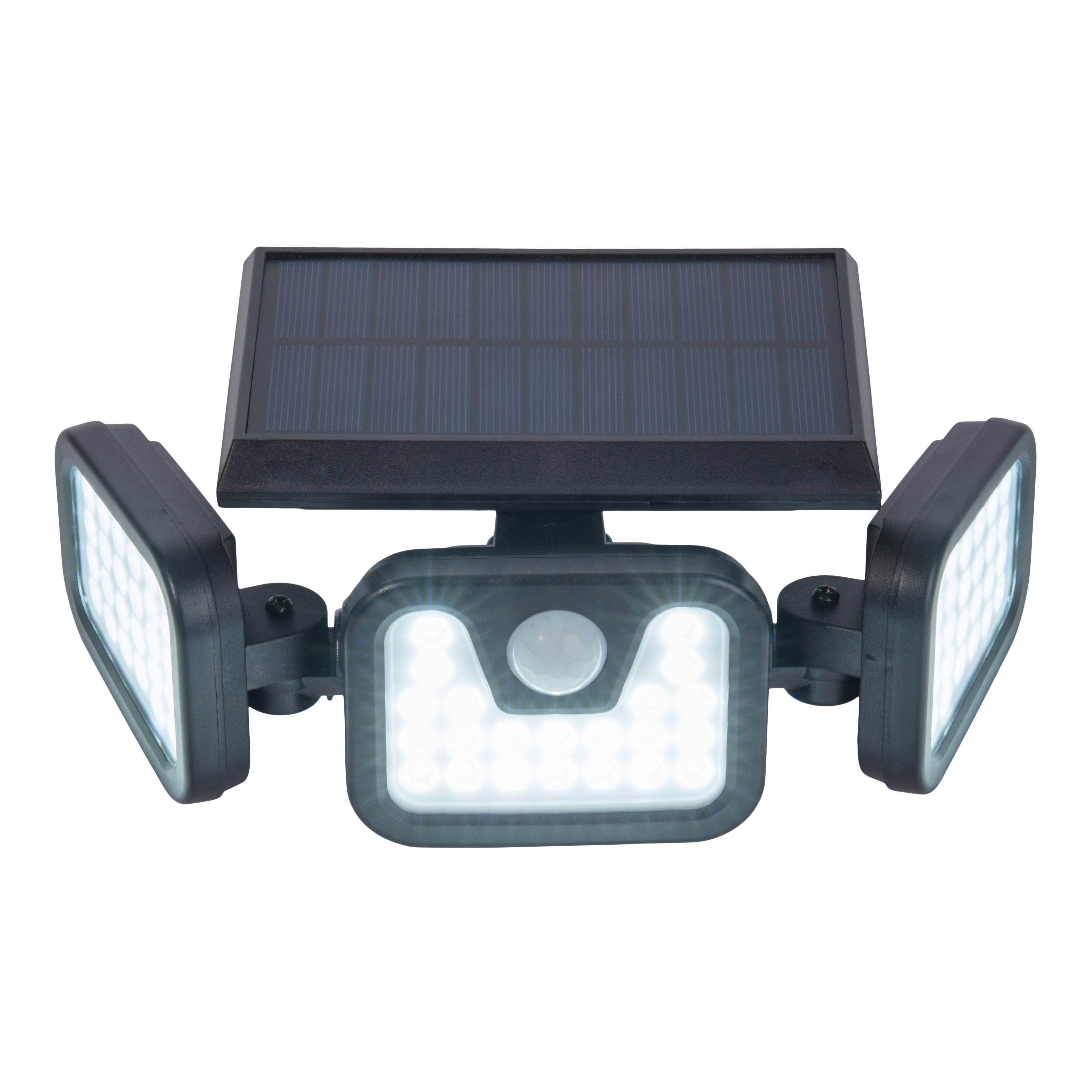 Eine schwarze, solarbetriebene Außenleuchte mit drei verstellbaren Lichtpaneelen. Die Lichter sind an.