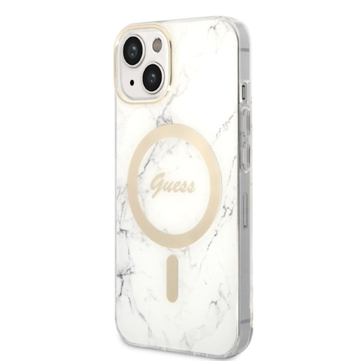 Custodia per telefono Guess bianca marmorizzata con cerchio e logo dorati.