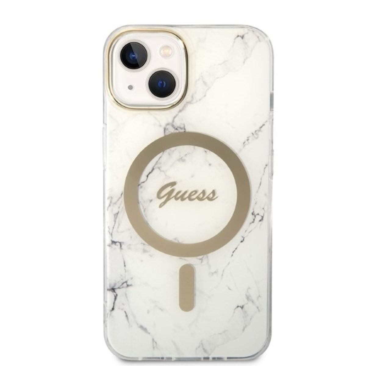 Custodia per telefono in marmo bianco con dettagli dorati e il logo Guess. È visibile una fotocamera.