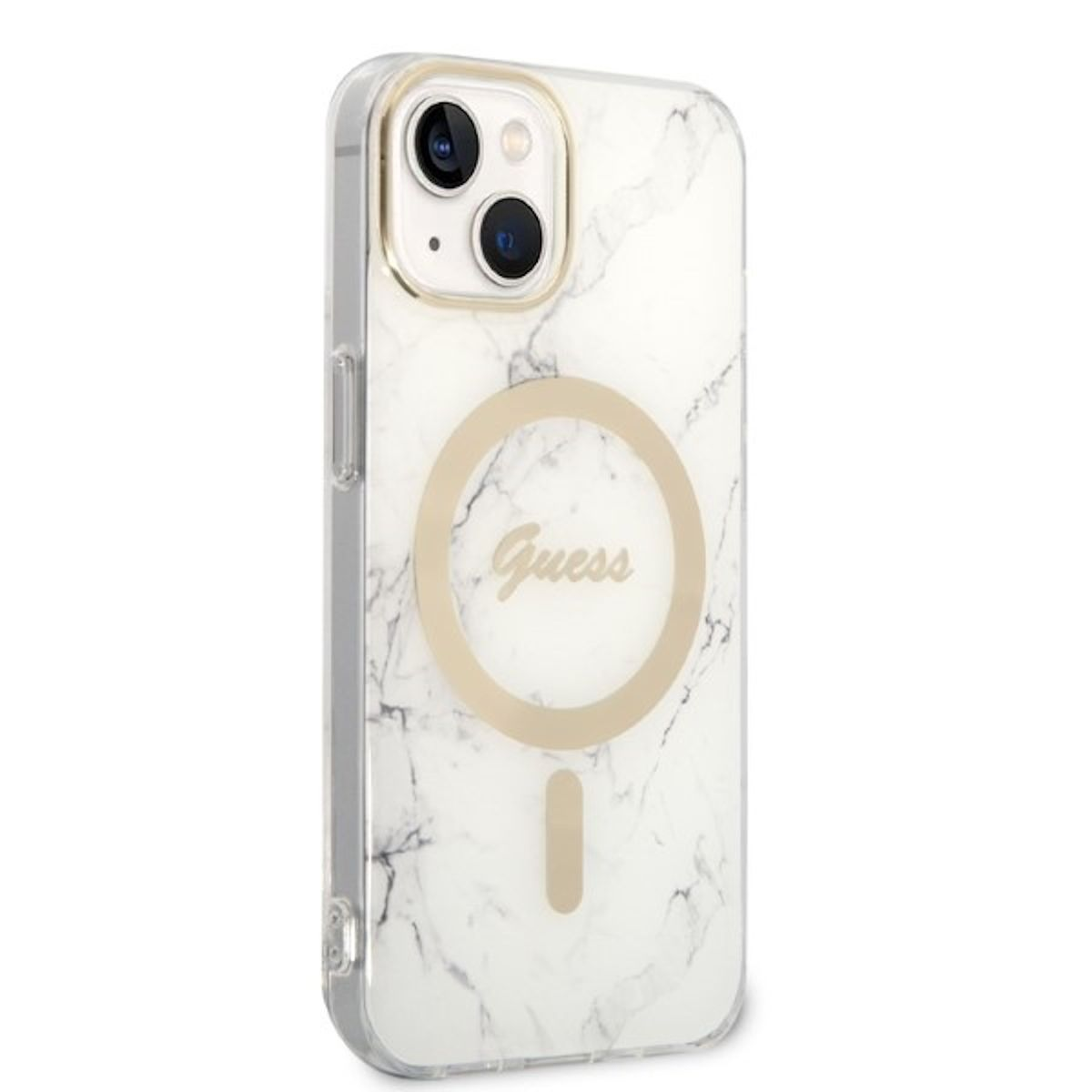 Una custodia per telefono in marmo bianco con dettagli dorati e il logo Guess.
