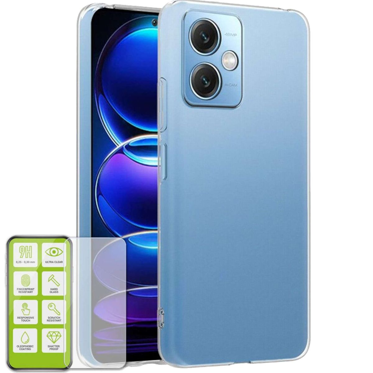 WIGENTO Produktset Silikon Hülle Redmi Panzer Backcover, Transparent Folie, 5G Poco / 12 X5 dünn Note Hartglas H9 5G, Xiaomi, 