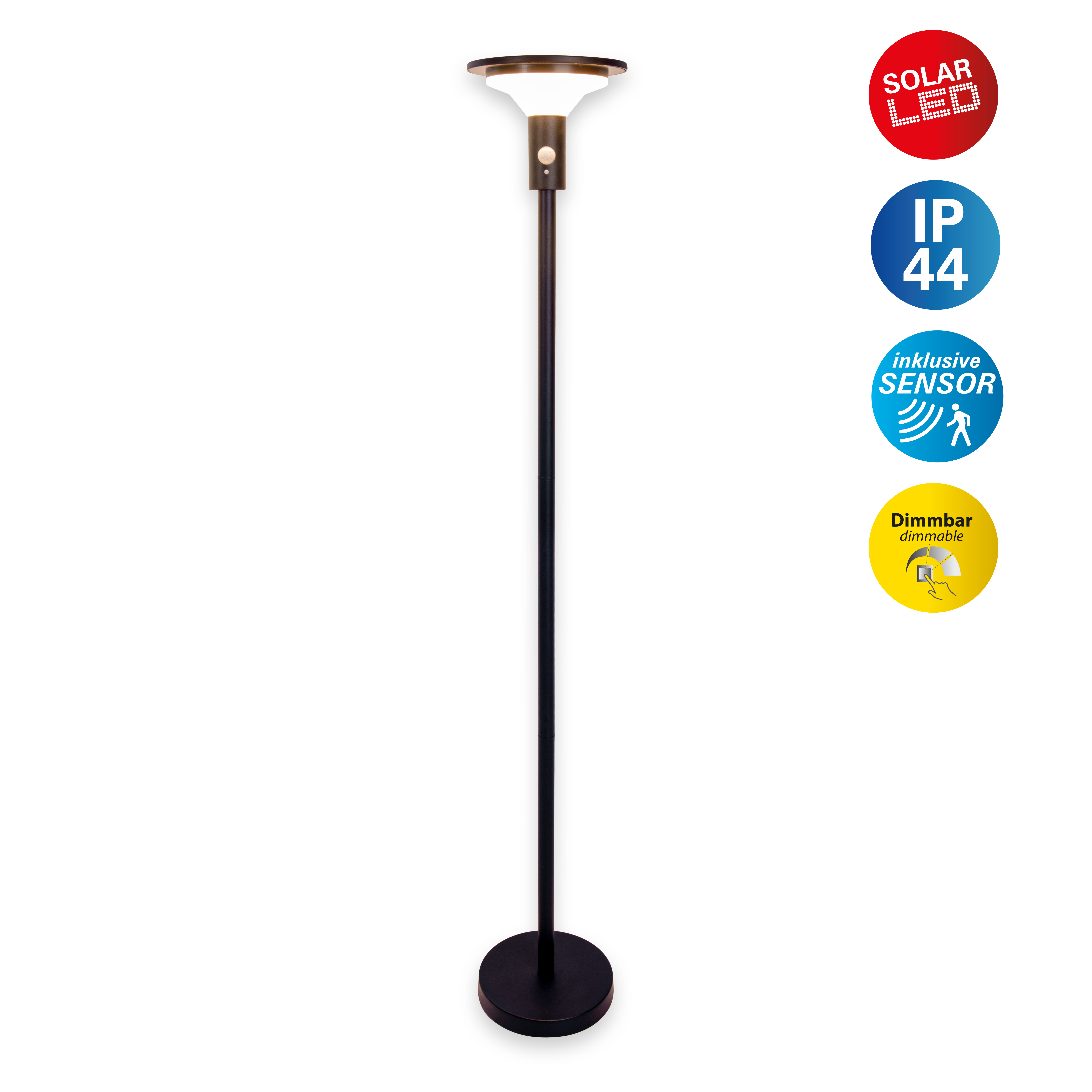 Eine schwarze Außenlampe mit rundem Oberteil und Sensor, beschriftet mit Symbolen. Der Hintergrund ist weiß.