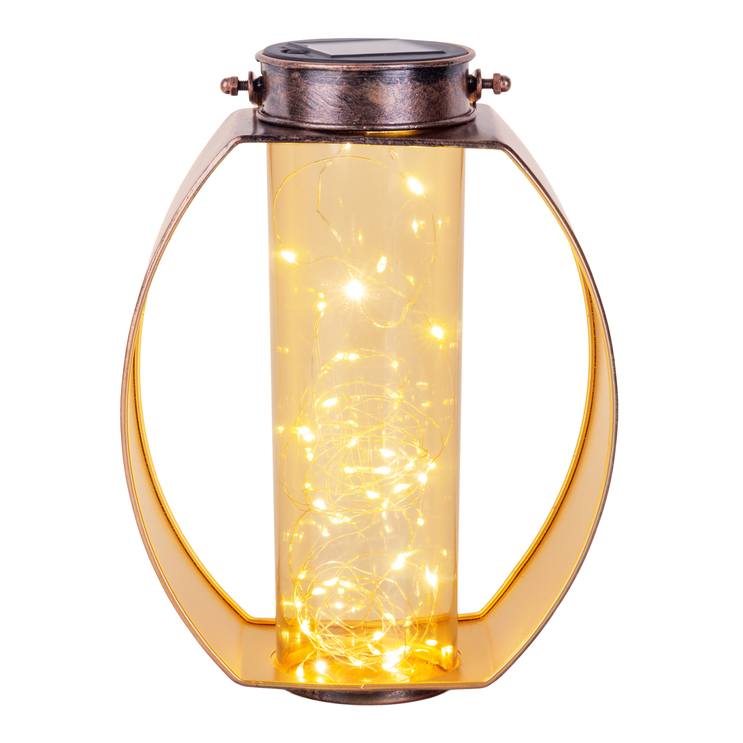 Eine solarbetriebene Laterne mit einem Glasrohr voller Lichterketten, in einem goldenen Metallrahmen.