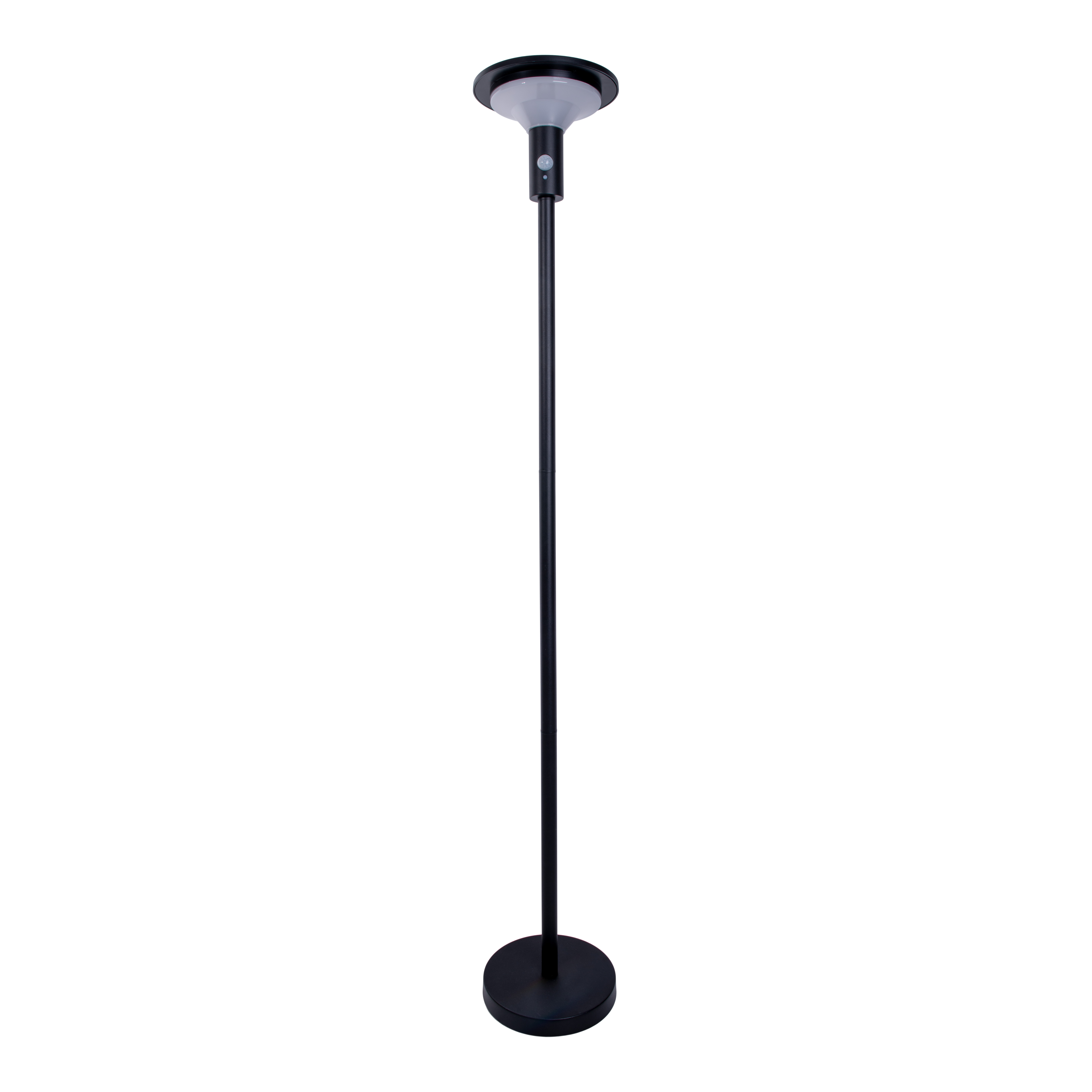 Eine schwarze Solar-LED-Lampe auf weißem Hintergrund.
