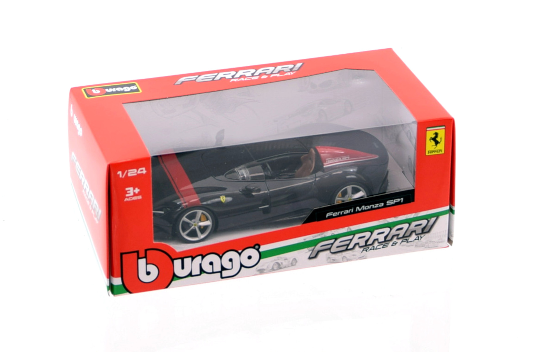 Zabawkowy samochód w pudełku, czarny Ferrari Monza SP1, czerwone pudełko z oknem.