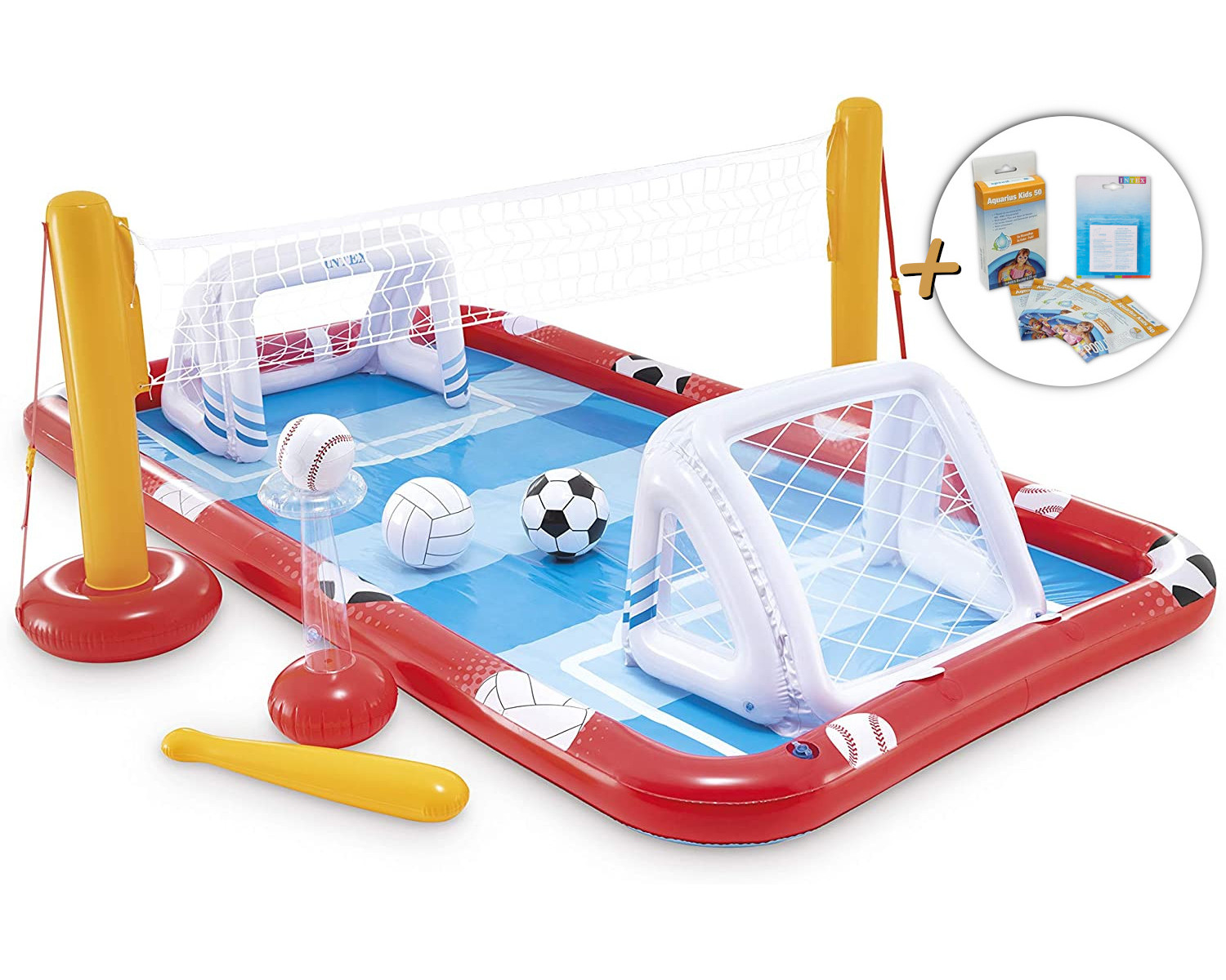 Aufblasbare Sportarena für mehrere Spiele. Enthält Tore, Netze, Bälle und Zubehör.