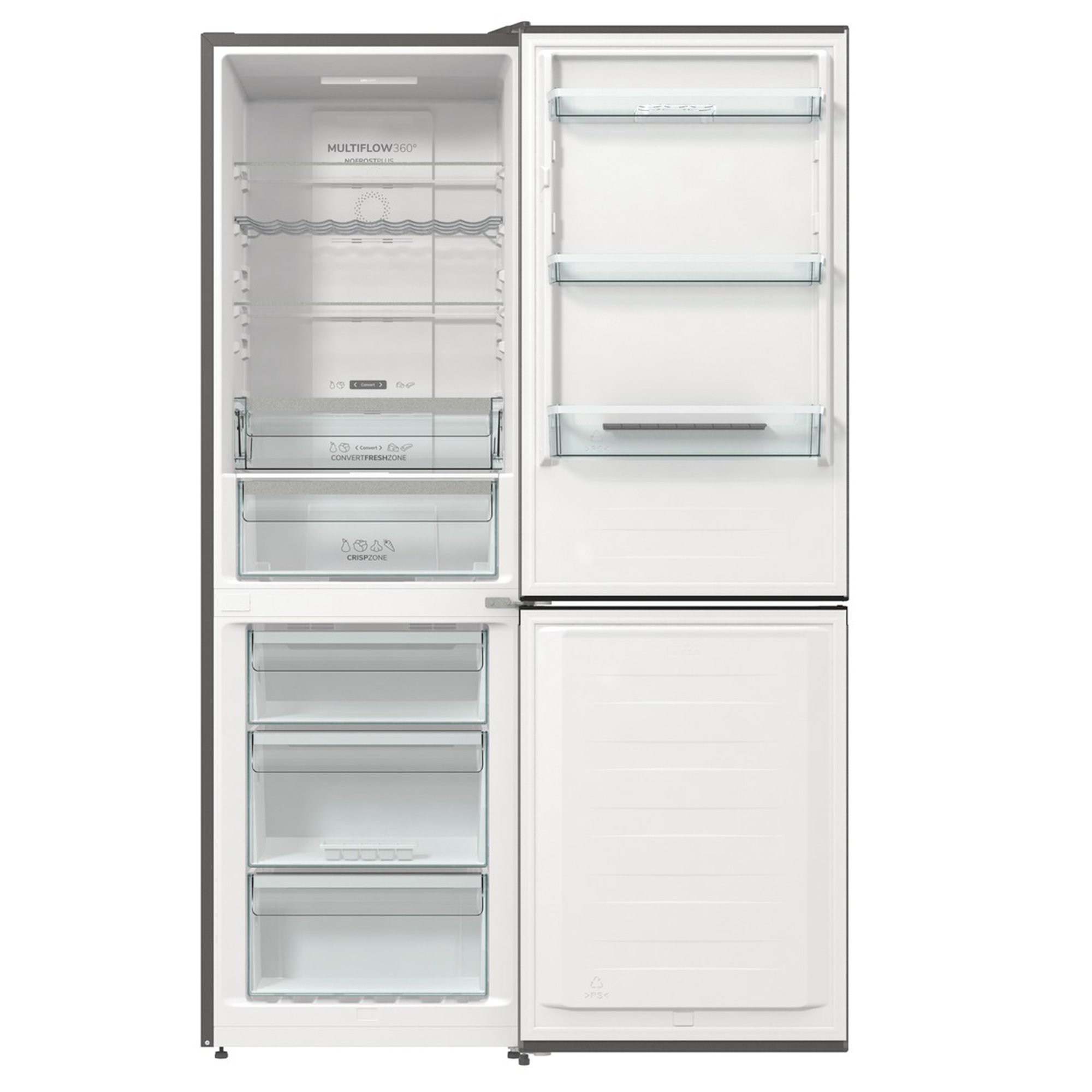 Ein Kühlschrank, aufgeteilt in zwei Bereiche, ist geöffnet und zeigt Regale und Schubladen. Die Türen sind dunkelgrau.