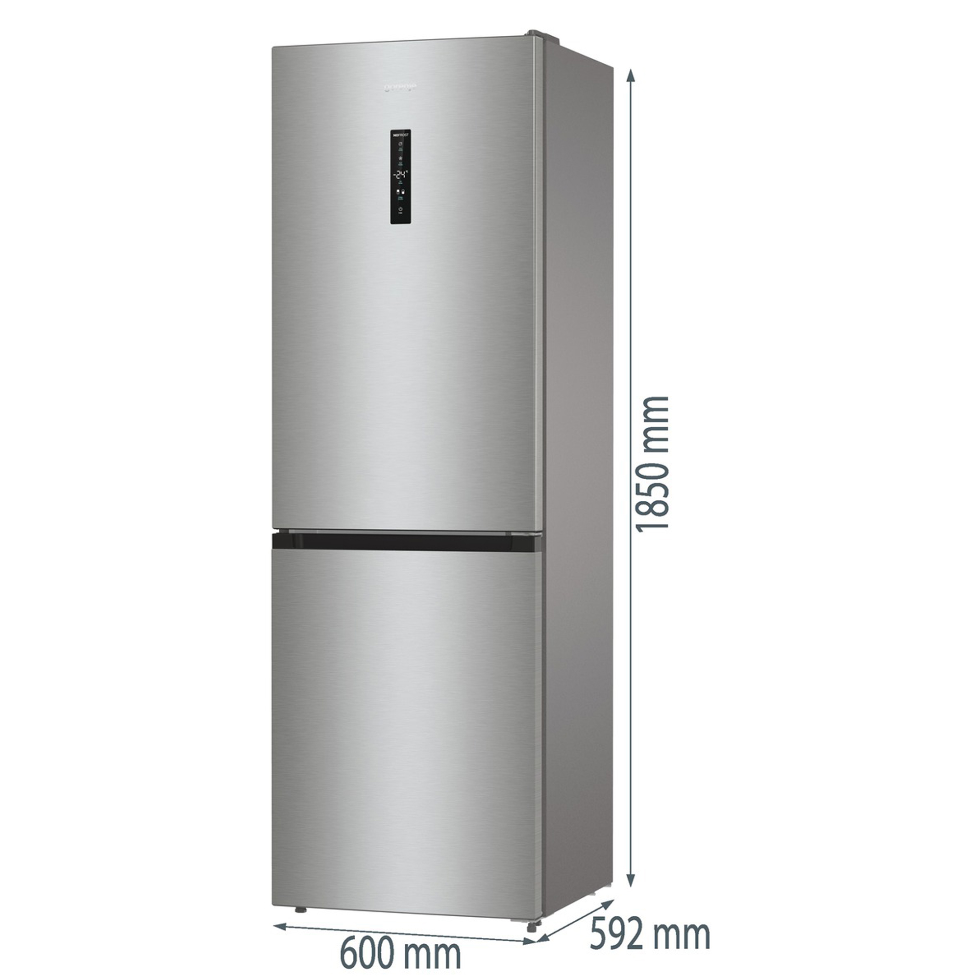 Edelstahl-Kühlschrank mit Abmessungen: 1850mm x 600mm x 592mm.