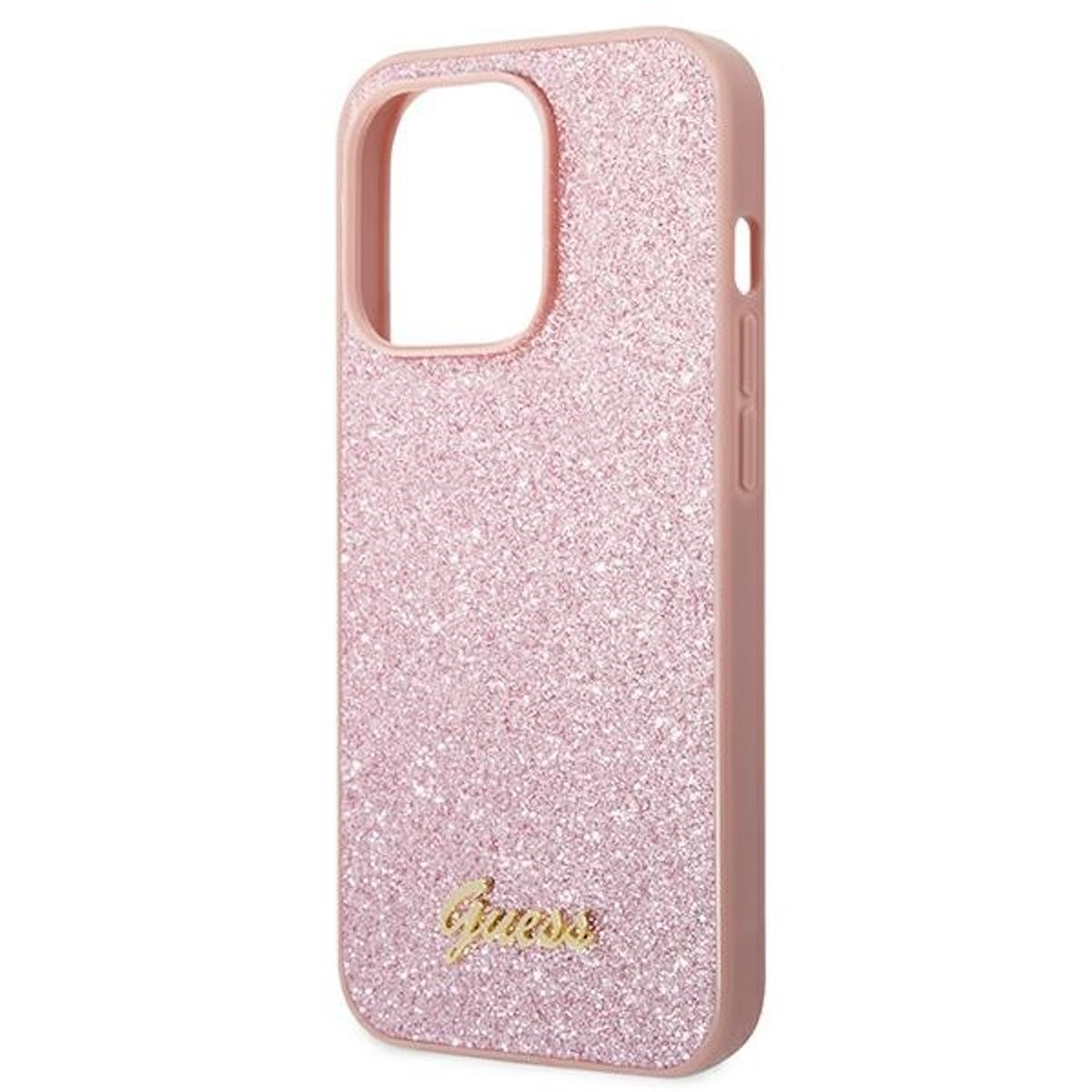 Custodia per telefono rosa glitterata. Il marchio 'Guess' è in basso.