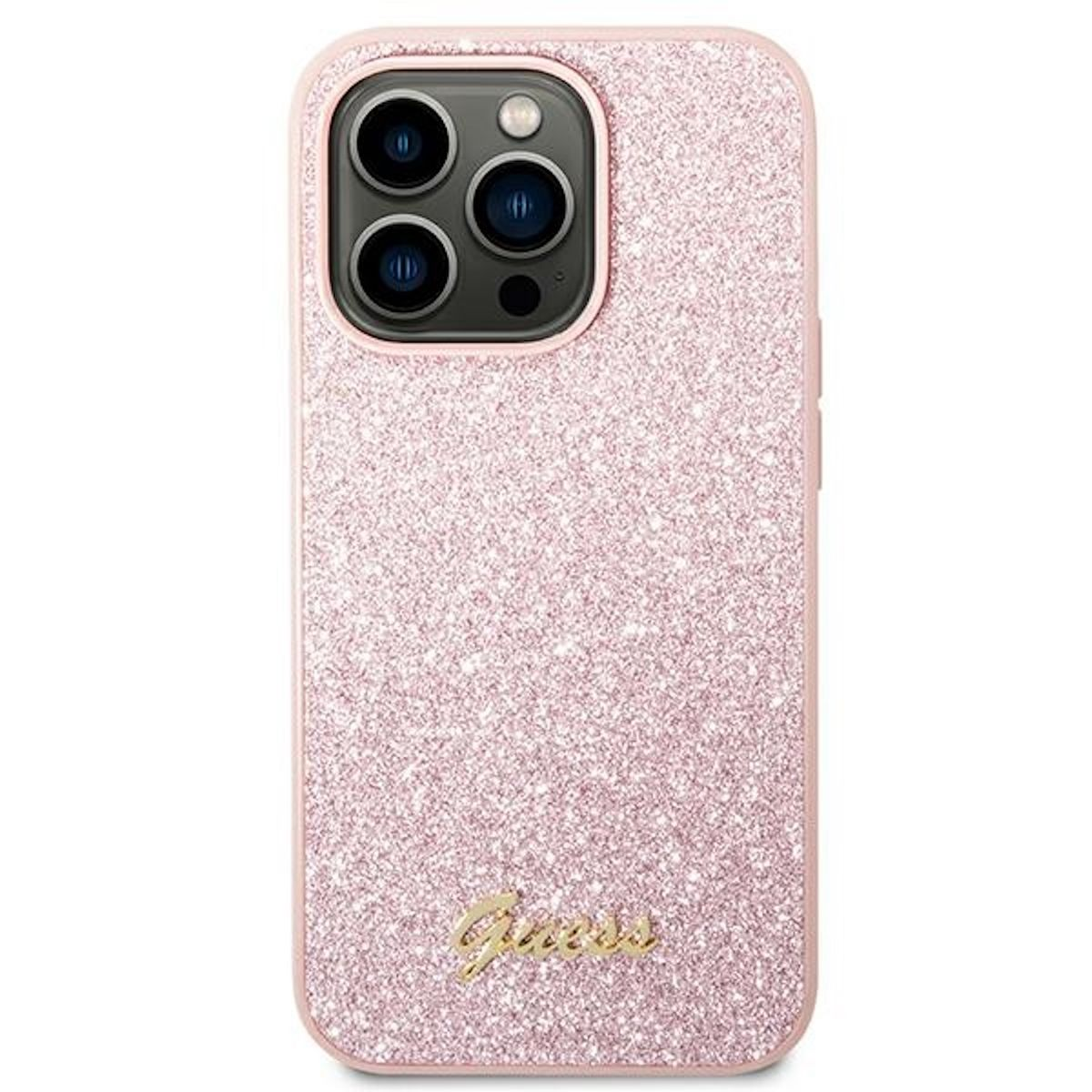 Custodia per telefono rosa glitterata. Ha tre lenti della fotocamera. Il marchio è Guess in oro.