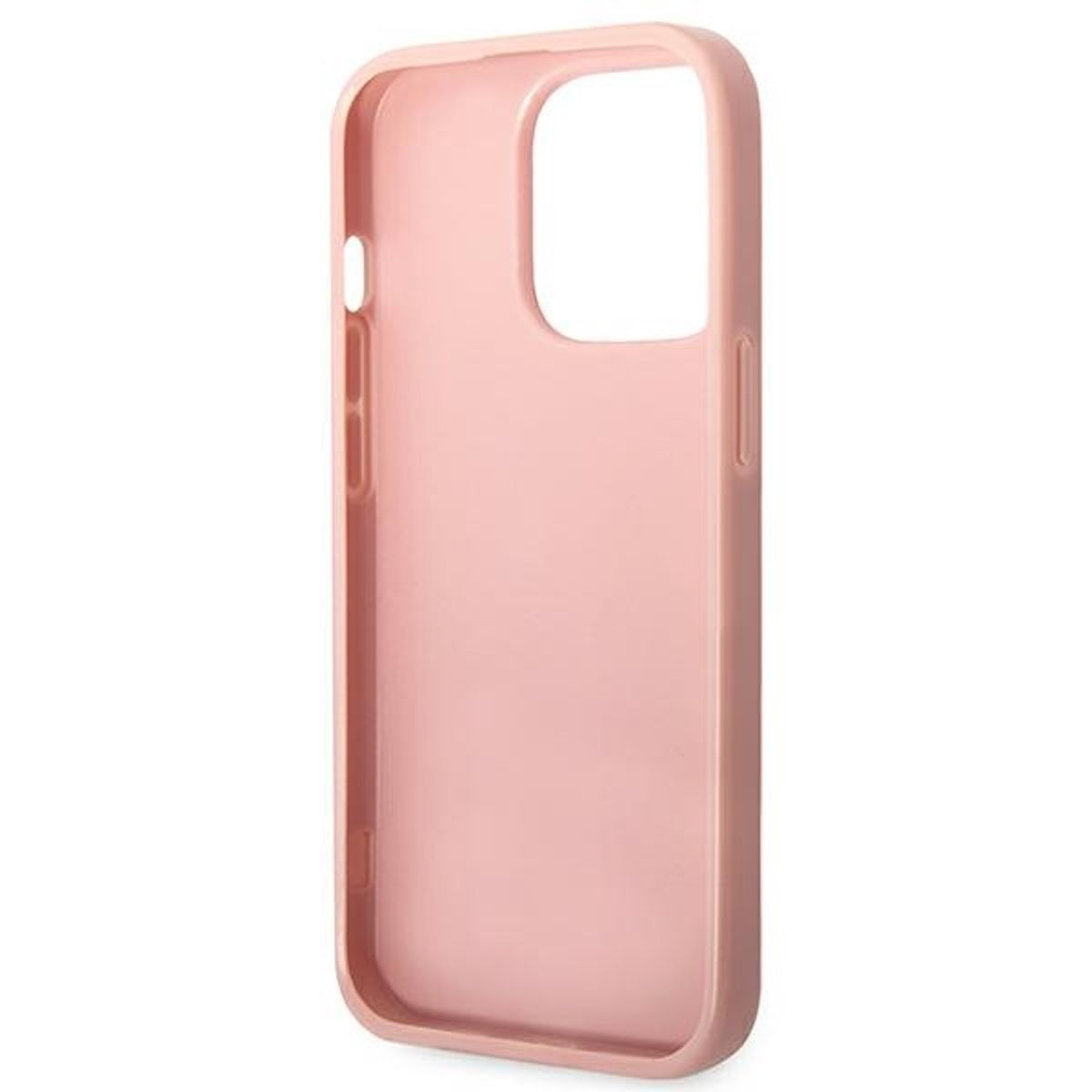 Una custodia per telefono rosa pallido. È una vista laterale. La custodia è vuota.