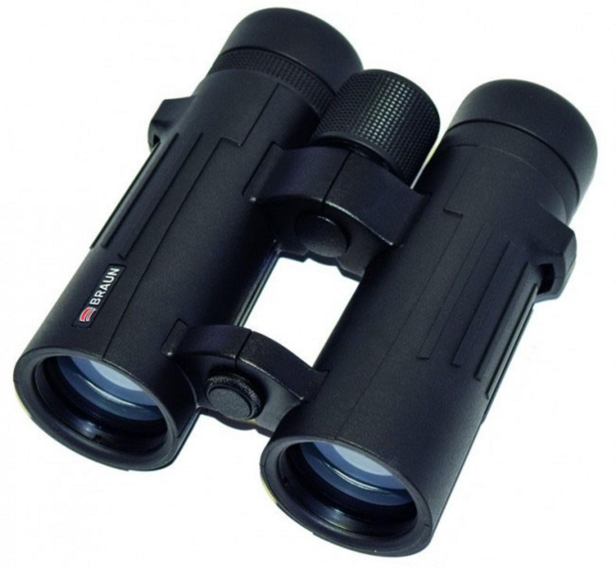 Binocolo nero con rotella di messa a fuoco su sfondo bianco.