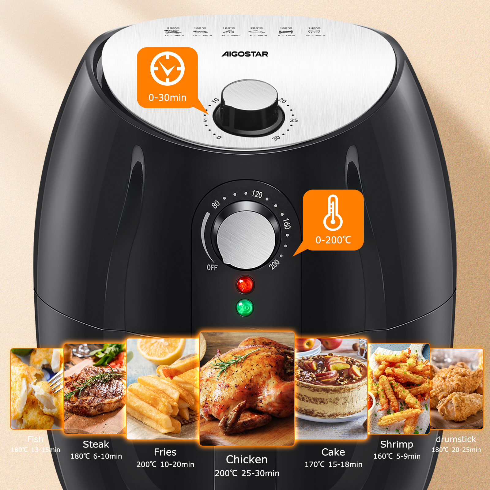 Freidora de aire negra con pantalla digital e iconos de alimentos. Incluye controles de tiempo y temperatura.