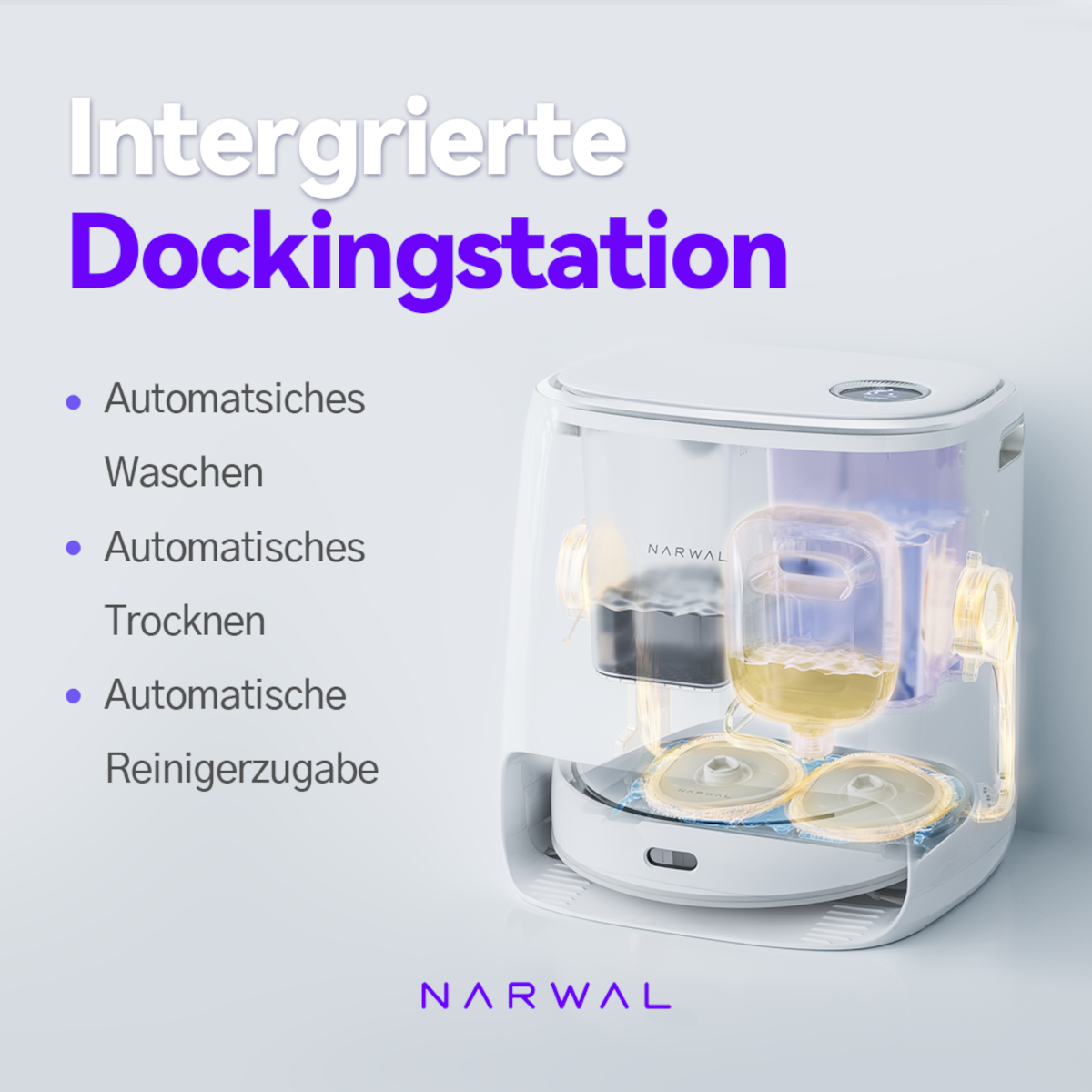 Weiße Dockingstation mit Text für automatisches Waschen, Trocknen und Reinigerzufuhr.