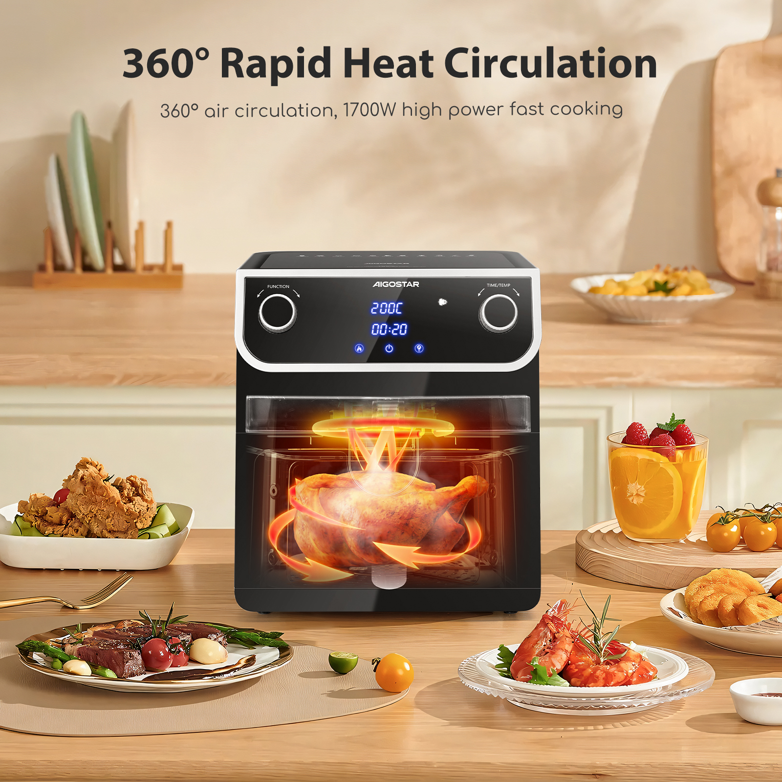 Schwarze Heißluftfritteuse mit Essen. Text oben: 360° Rapid Heat Circulation. Essen auf dem Tisch.