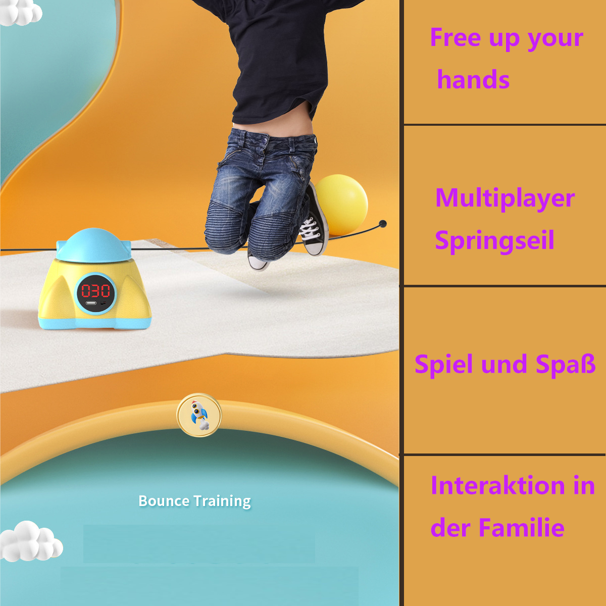 Ein Kind springt über ein gelbes und blaues Spiel. Textfelder sagen: Free up your hands, Multiplayer Springseil.