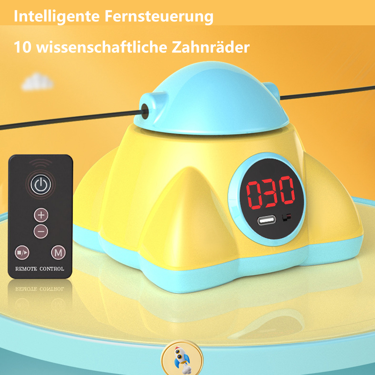 Spielzeug mit Fernbedienung und Digitalanzeige, die einen Timer zeigt.