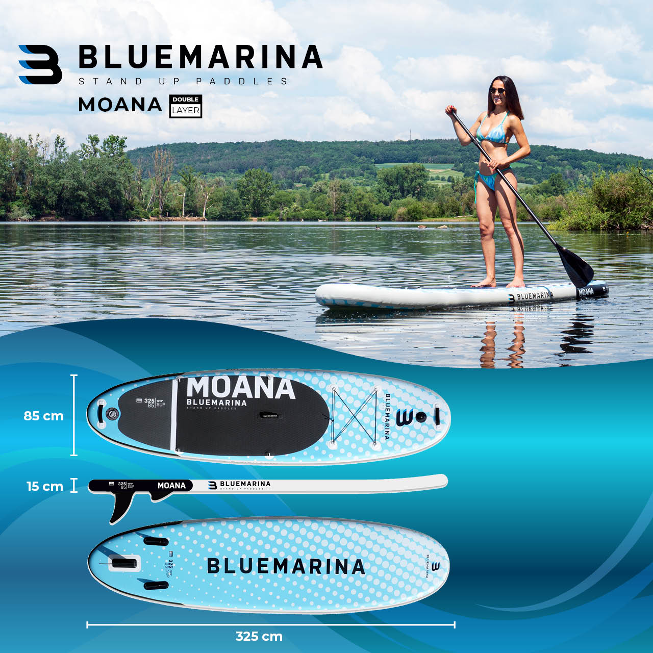 Eine Frau auf einem Paddleboard auf einem See, mit Abmessungen und Markendetails, und ein zweites Board.