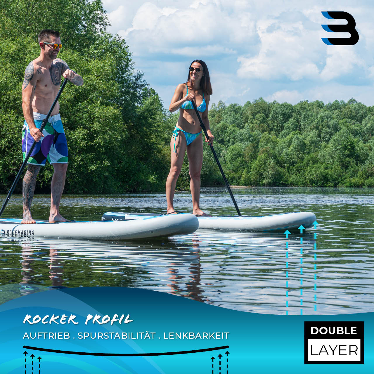 Zwei Personen paddeln auf einem See. Die Frau trägt einen Bikini. Der Mann ist oben ohne.