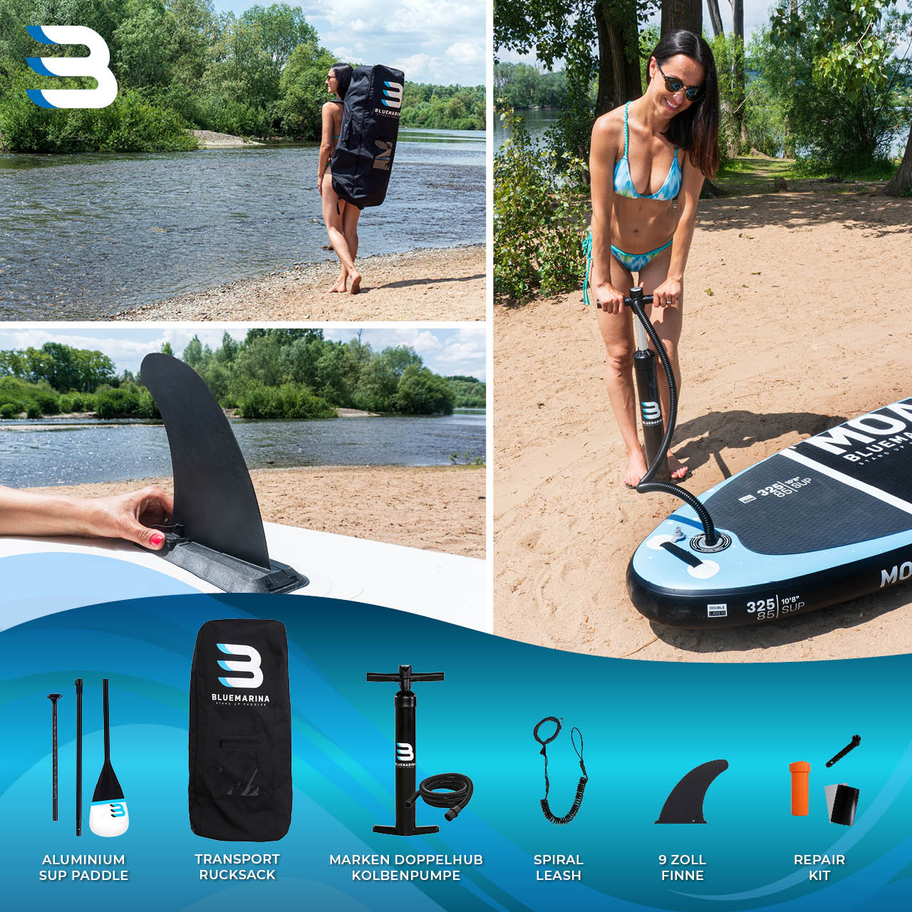 Mehrere Bilder: Paddleboard und Zubehör, Frau pumpt, Frau trägt Tasche.