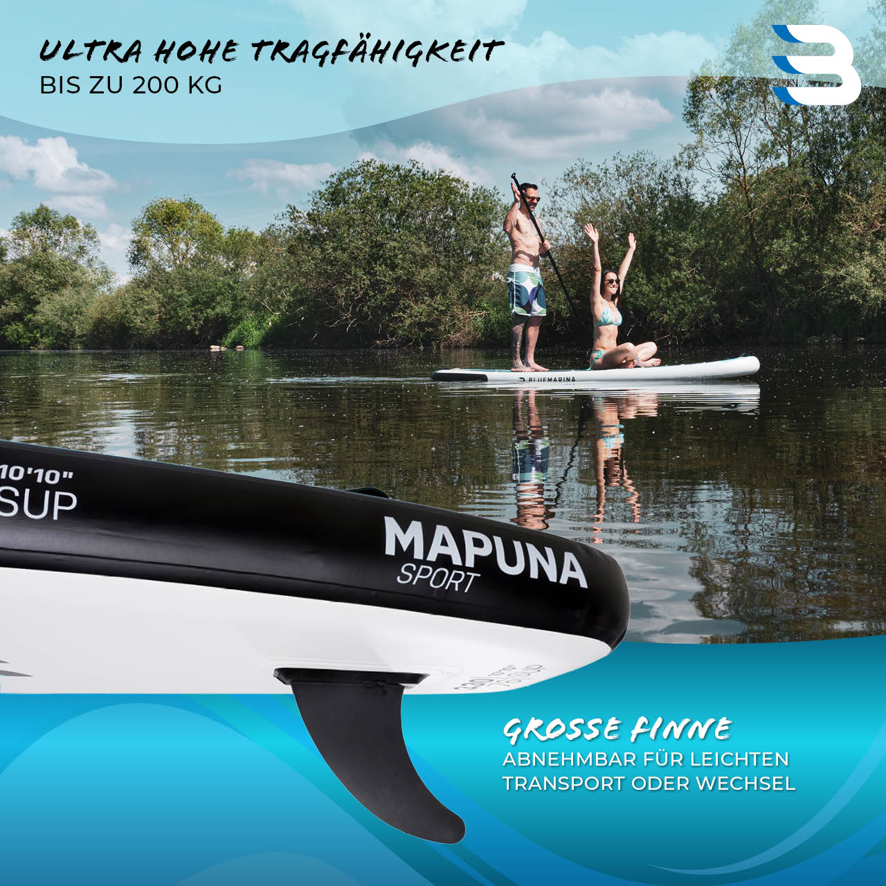 BLUEMARINA SUP Paddle, Board Up 2022 Mapuna blau weiß Stand schwarz