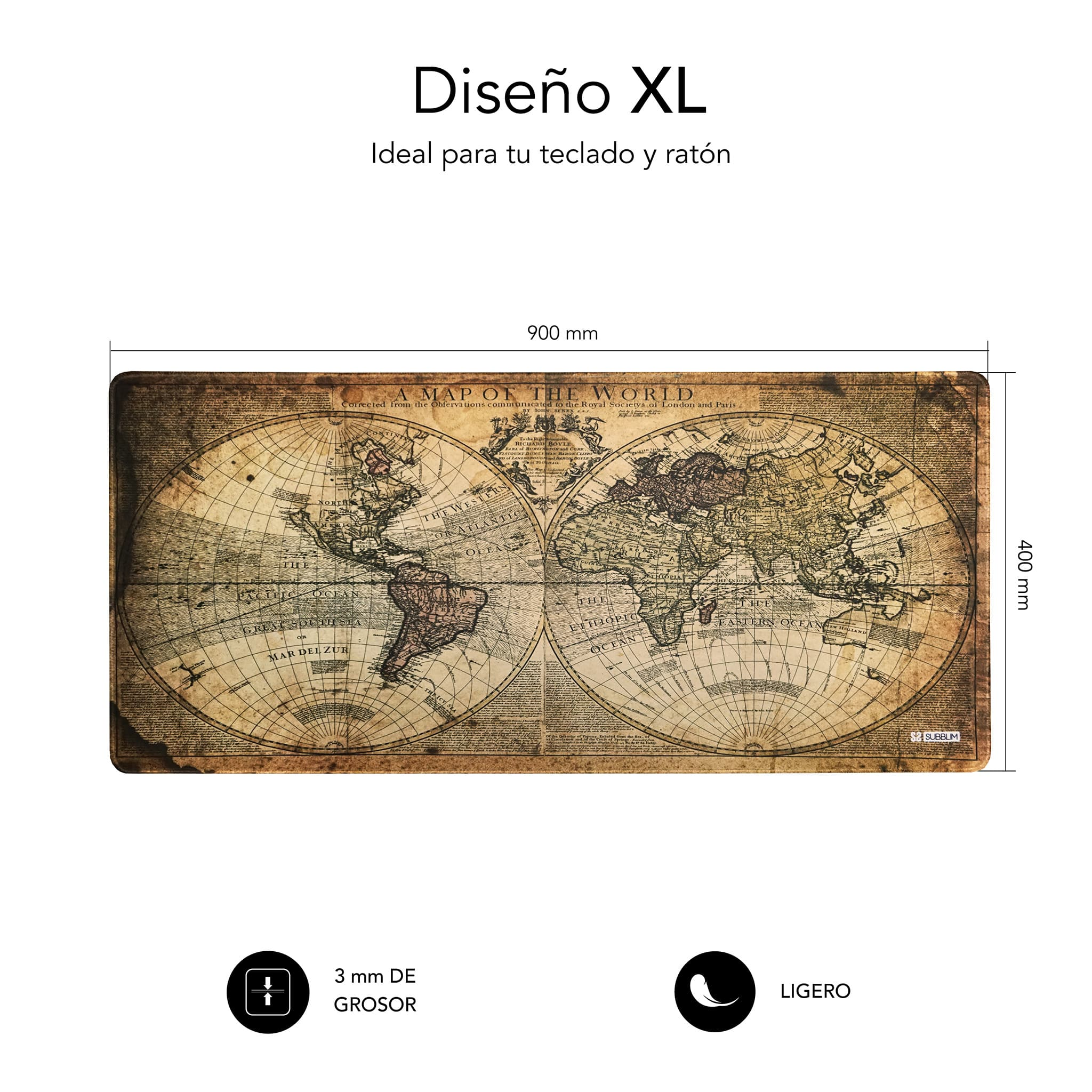 Duża podkładka pod mysz z mapą świata, z podanymi wymiarami i cechami, na białej powierzchni.