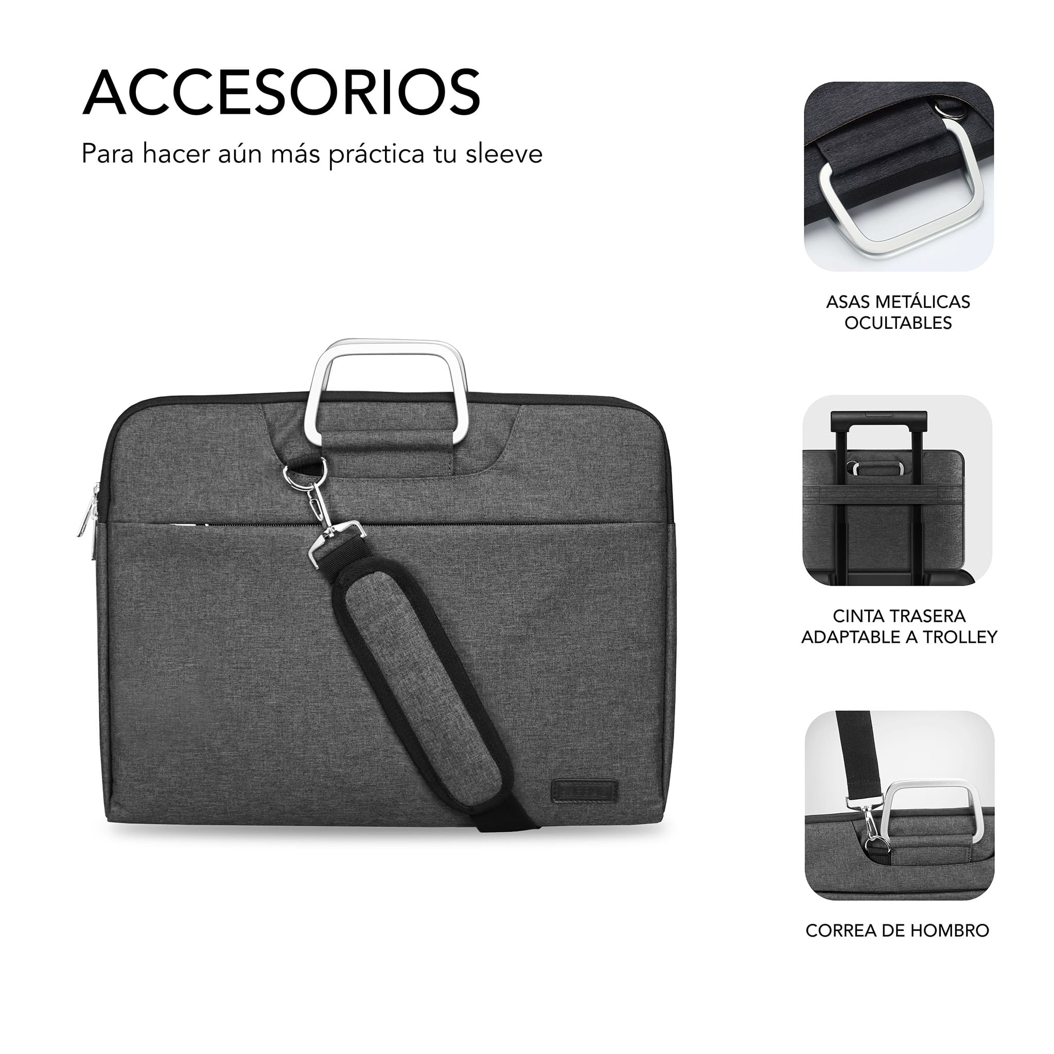 Una borsa per laptop grigia con manici argentati e tracolla. Testo in spagnolo.