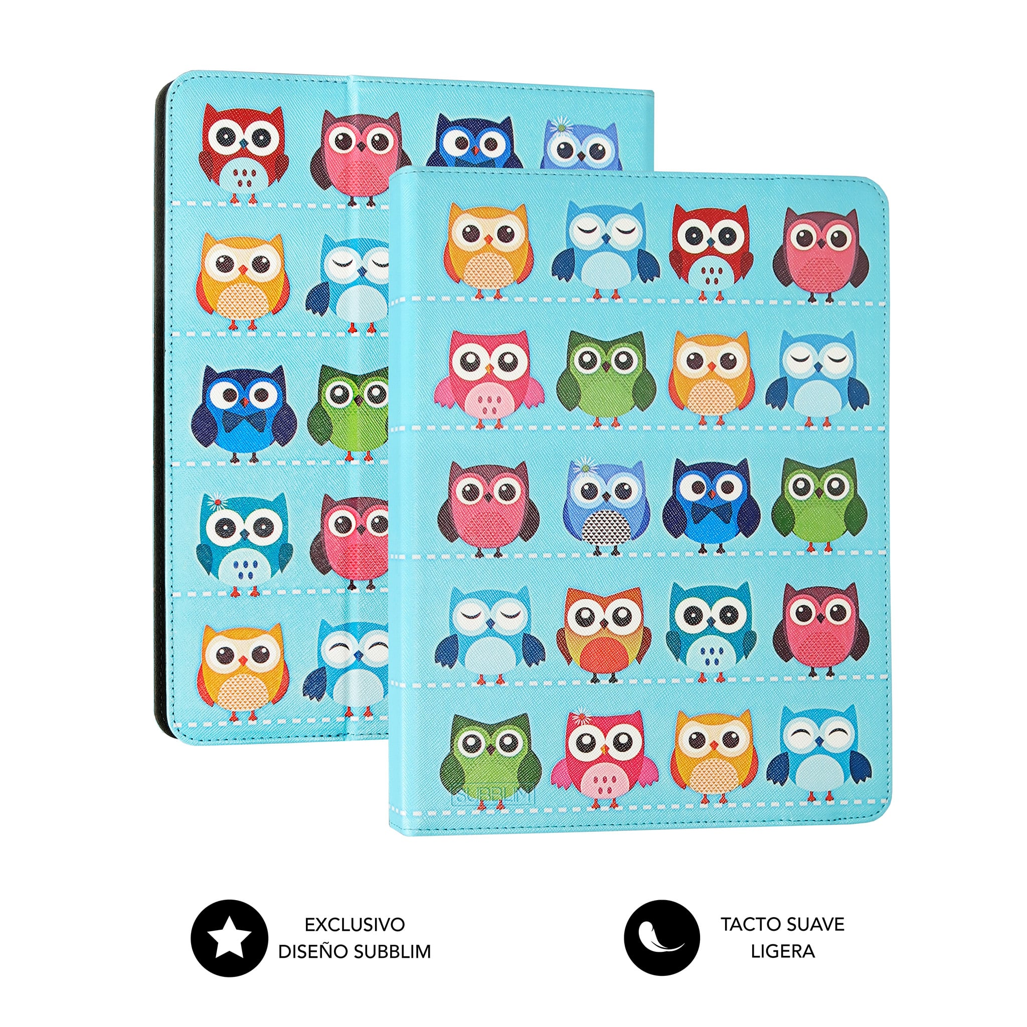 Dos fundas para tabletas con diseños de búhos coloridos sobre un fondo azul claro.