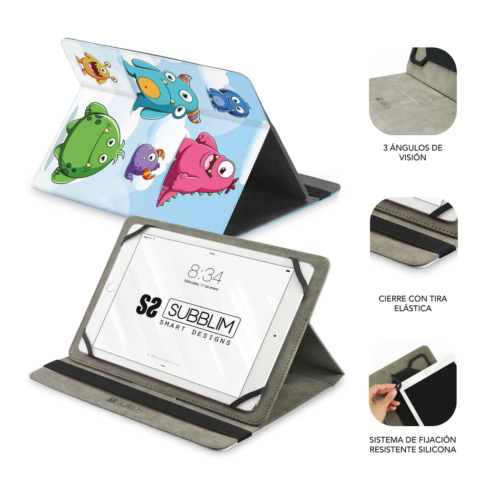 Funda para tableta con monstruos de dibujos animados. Tableta en la funda mostrando la hora. Se muestran características adicionales.