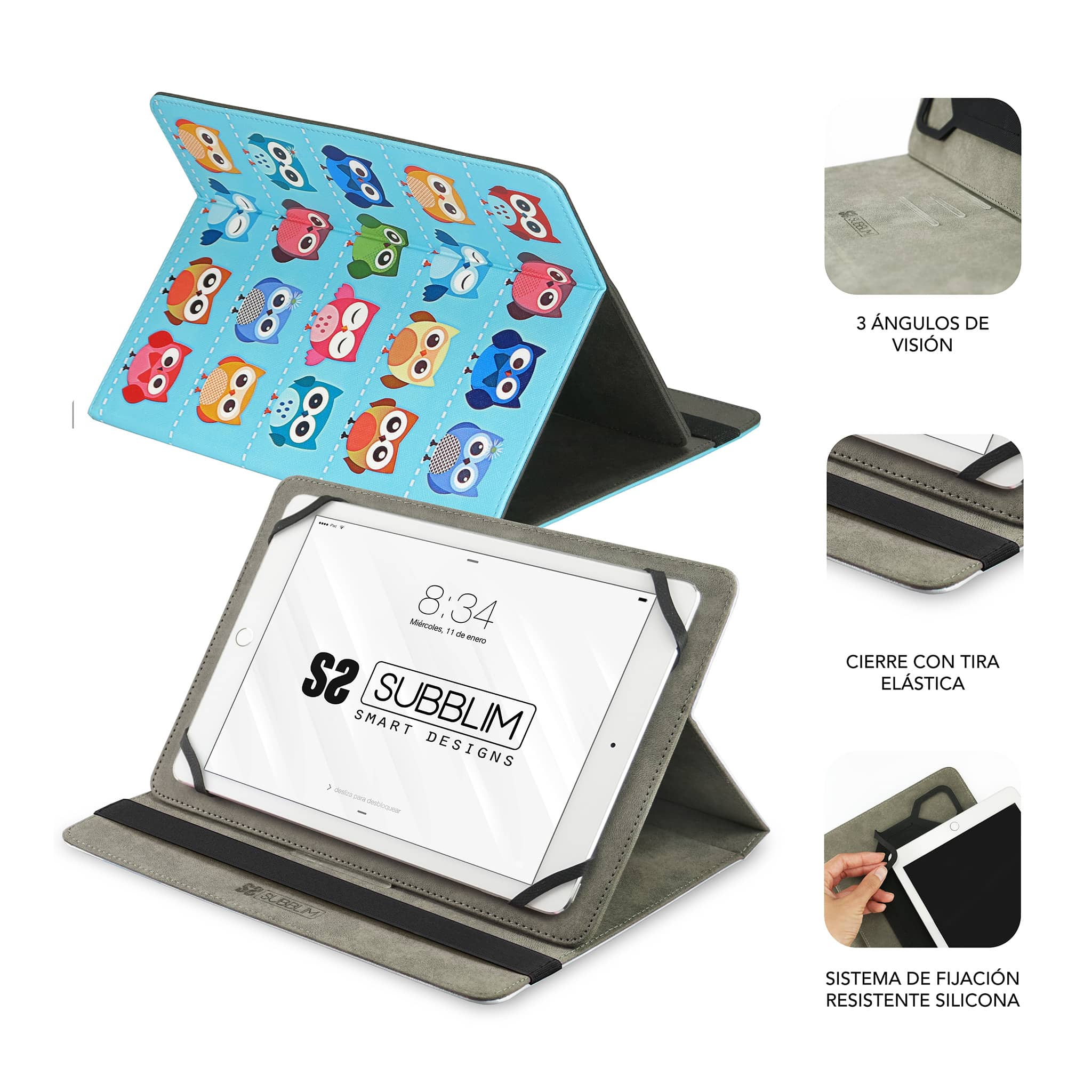 Una funda para tableta con diseño de búhos azules y detalles sobre ángulos de visión y sistema de fijación de silicona.